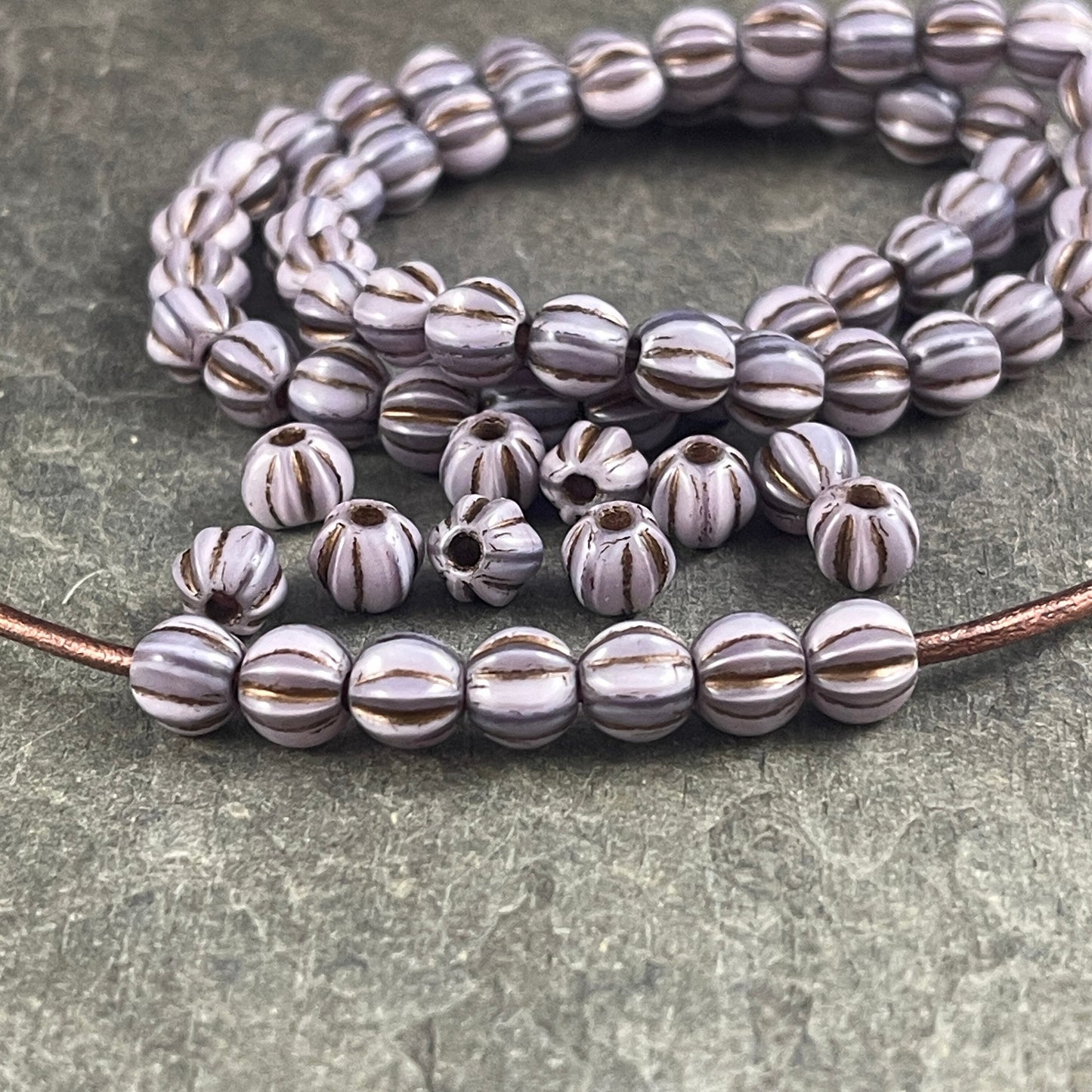 6mm Large Hole Melon ~ Thistle Purple Round Melon Beads with Bronze Wash ~ Large Hole Lavender Czech Glass Beads (BH6/N-137) * Qty 25