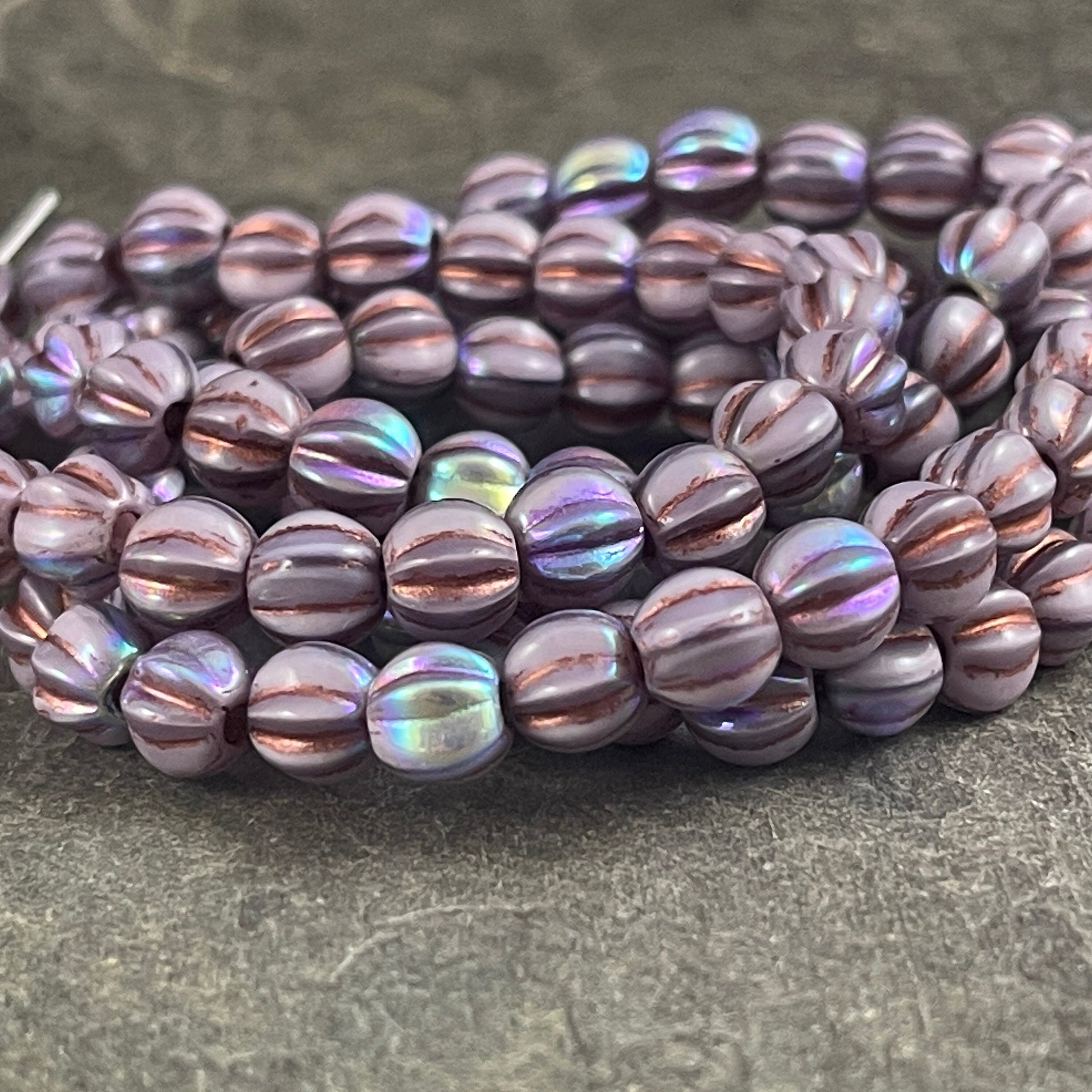 6mm Large Hole Melon Thistle Purple AB Melon Beads with Bronze Wash Large Hole Lavender Czech Glass Beads (BH6/N-138) * Qty 25