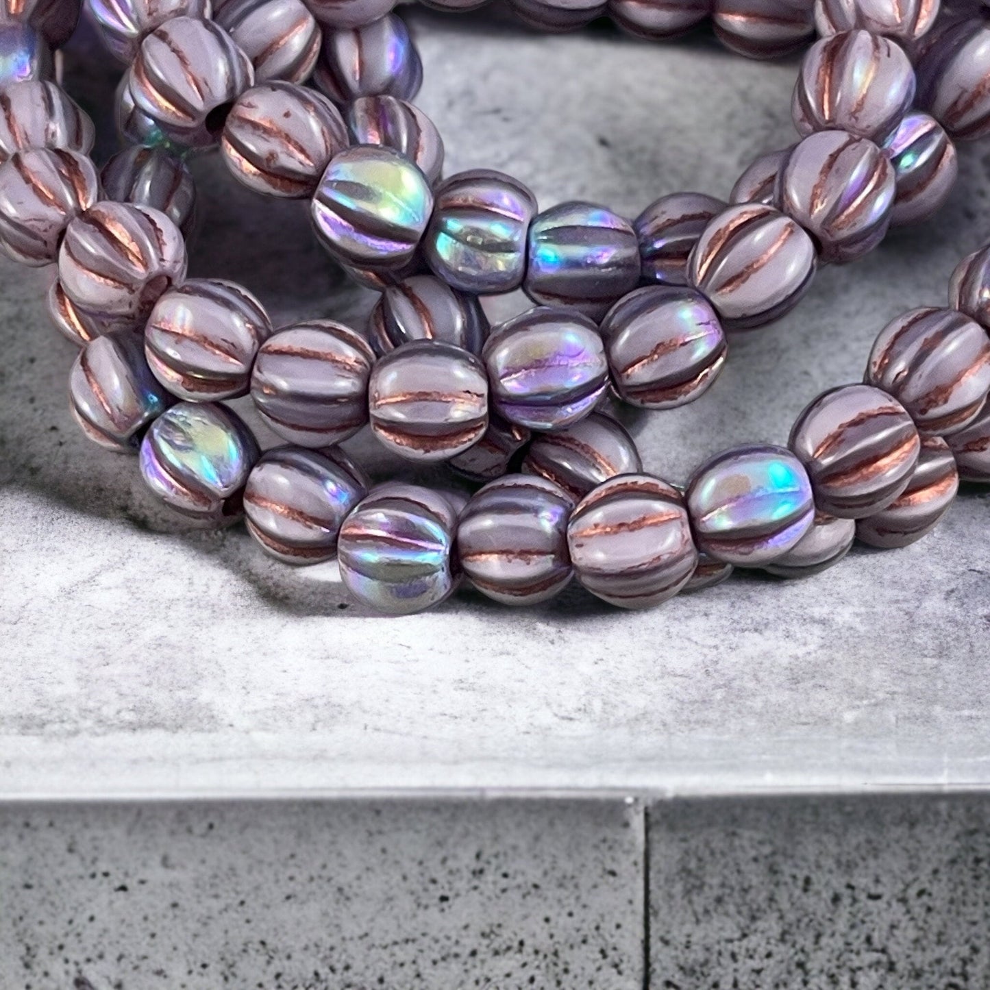 6mm Large Hole Melon Thistle Purple AB Melon Beads with Bronze Wash Large Hole Lavender Czech Glass Beads (BH6/N-138) * Qty 25