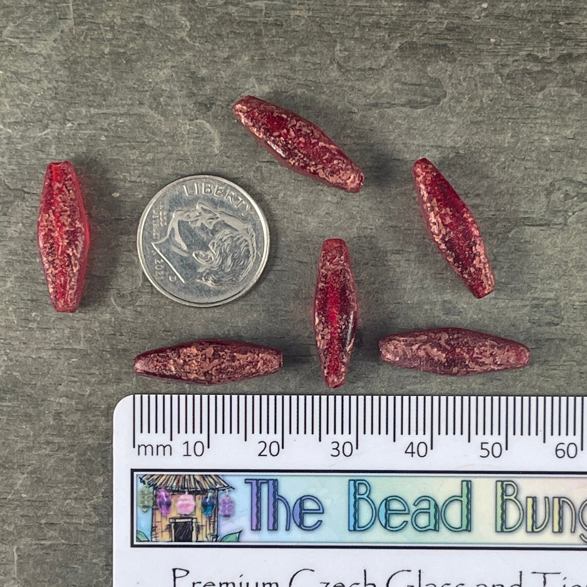 20x9mm Red Rhombus Beads ~ Elongated Czech Glass Spindle Beads ~ Etched Red Glass with Copper Finish (RHO/1879) * Qty. 6 Beads