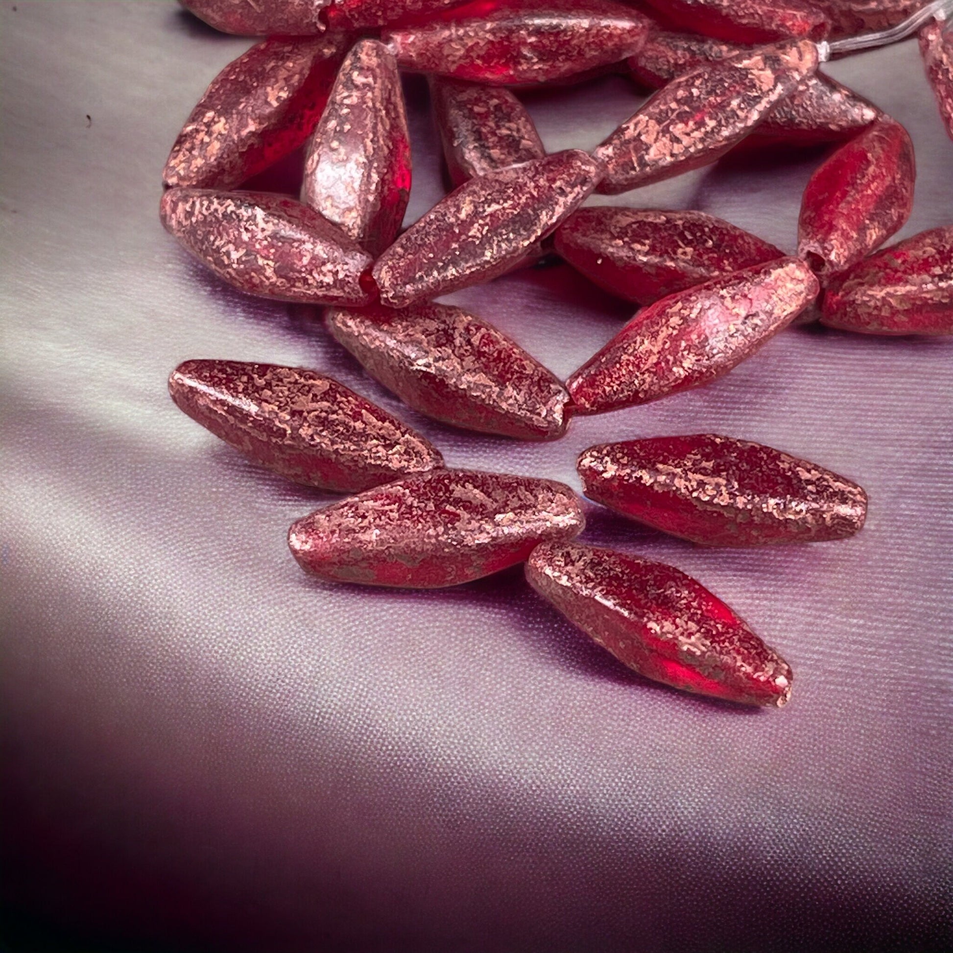 20x9mm Red Rhombus Beads ~ Elongated Czech Glass Spindle Beads ~ Etched Red Glass with Copper Finish (RHO/1879) * Qty. 6 Beads