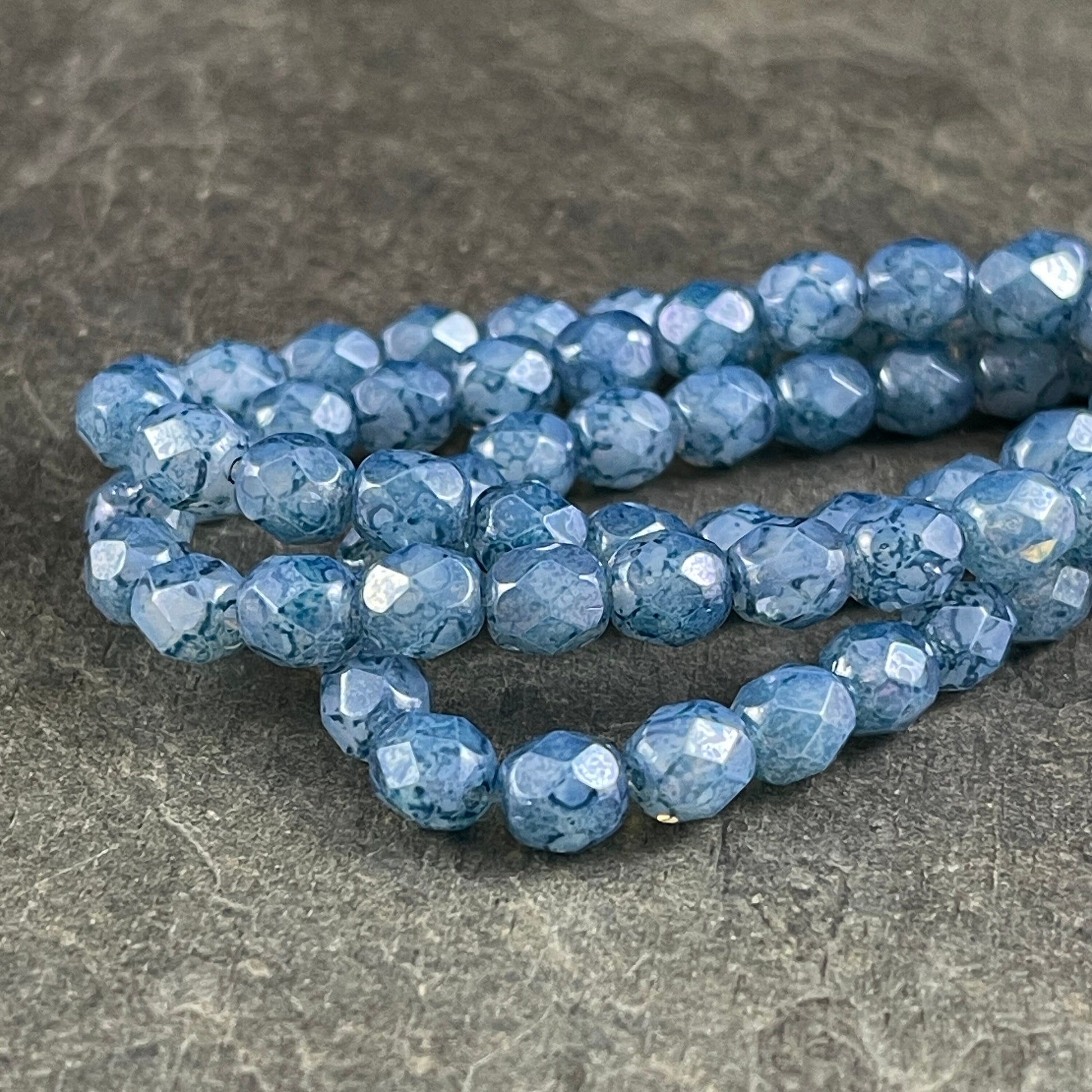 Blue Czech Glass Beads 6mm Faceted Round Glass Beads Steel Blue Marbled Picasso Beads (FP6/N-021) * Qty. 25