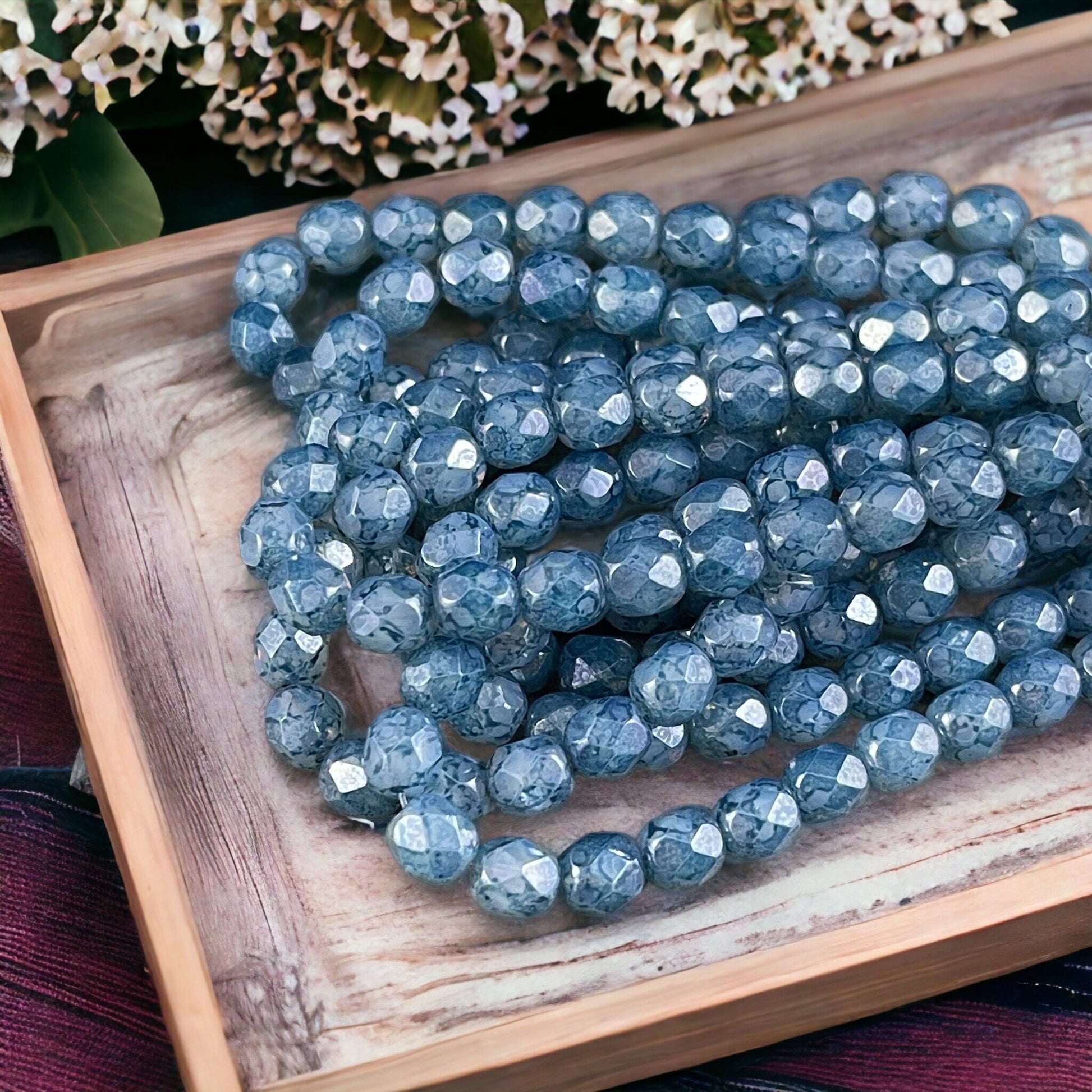 Blue Czech Glass Beads 6mm Faceted Round Glass Beads Steel Blue Marbled Picasso Beads (FP6/N-021) * Qty. 25