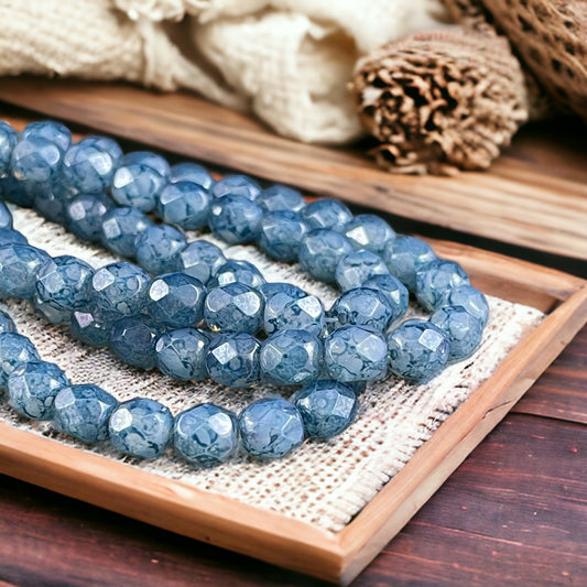 Blue Czech Glass Beads 6mm Faceted Round Glass Beads Steel Blue Marbled Picasso Beads (FP6/N-021) * Qty. 25