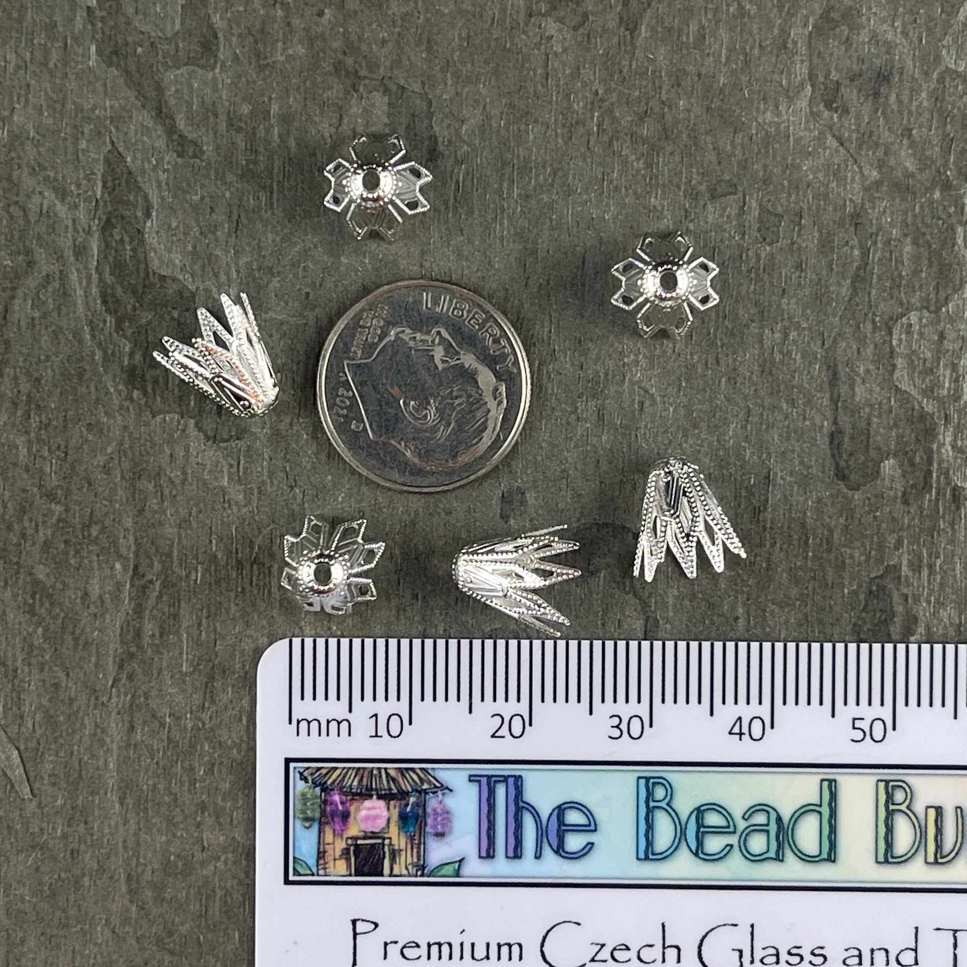 9x8mm Fancy Star, Cone Shaped Bead Caps ~ Bright Silver Plated Brass Tapered Bead Caps (BC-9253) * Qty. 8