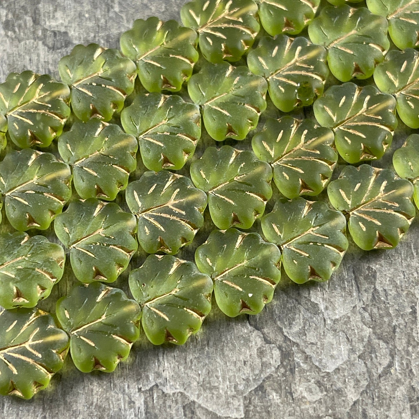 Green Maple Leaf Beads ~ Matte Peridot Green Czech Glass Leaf Beads ~ 10x13mm Olive Green Leaf with Gold Wash (ML30) * Qty. 12