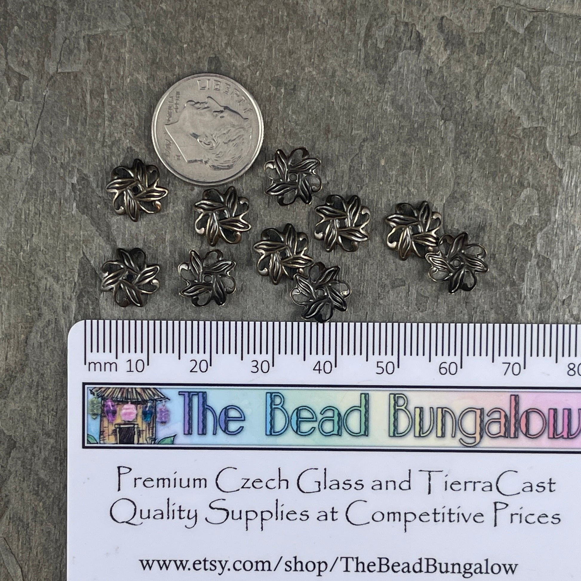 10mm Bronze Leaf Design Bead Caps ~ Antiqued Brass Bead Caps with a Floral Theme (BC-5581) * Qty. 30