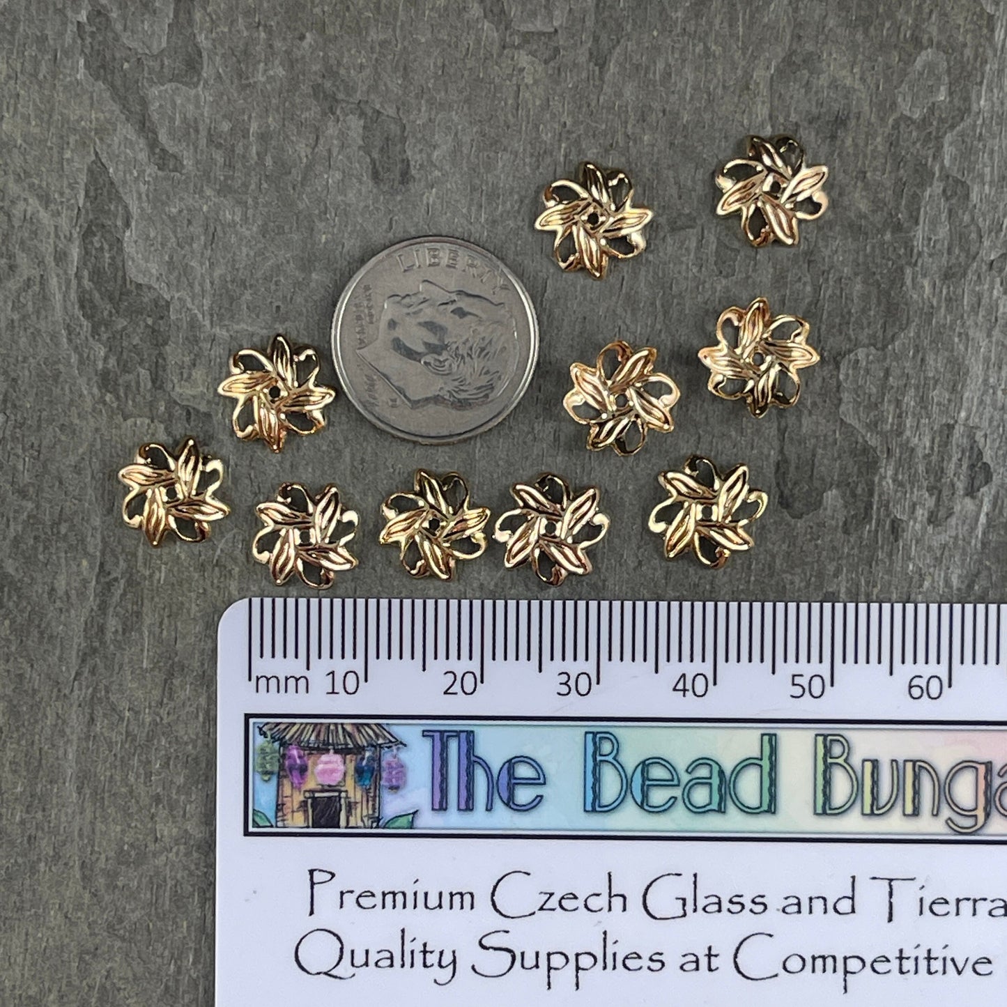 10mm Gold Leaf Design Bead Caps ~ Gold Plated Brass Bead Caps with a Floral Theme (BC-5578) * Qty. 30