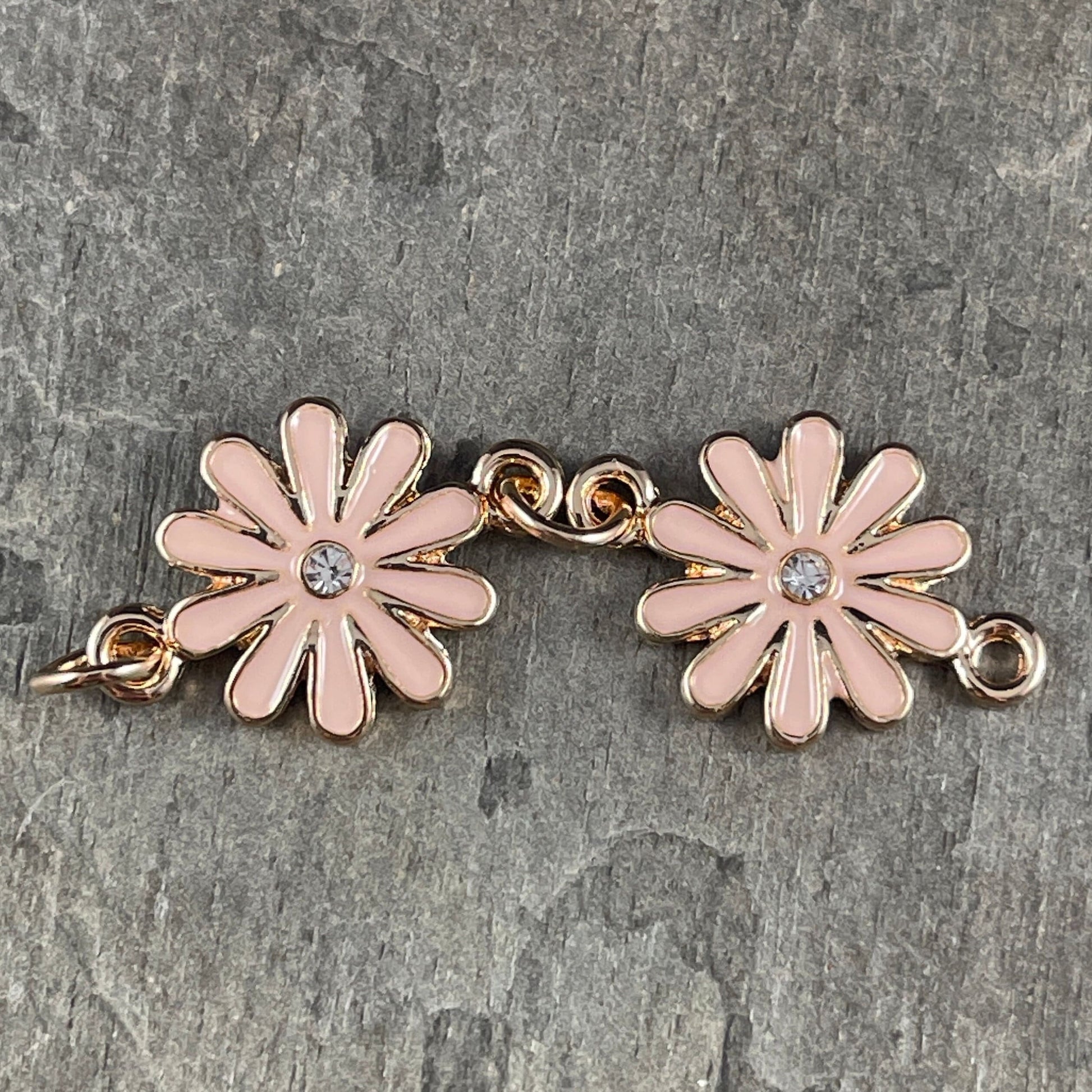Enamel Floral Connector Pink Flower Links ~ Pale Peachy Pink and Gold 15x22mm Pink Daisy Connector (1512-9547) * Set of 2
