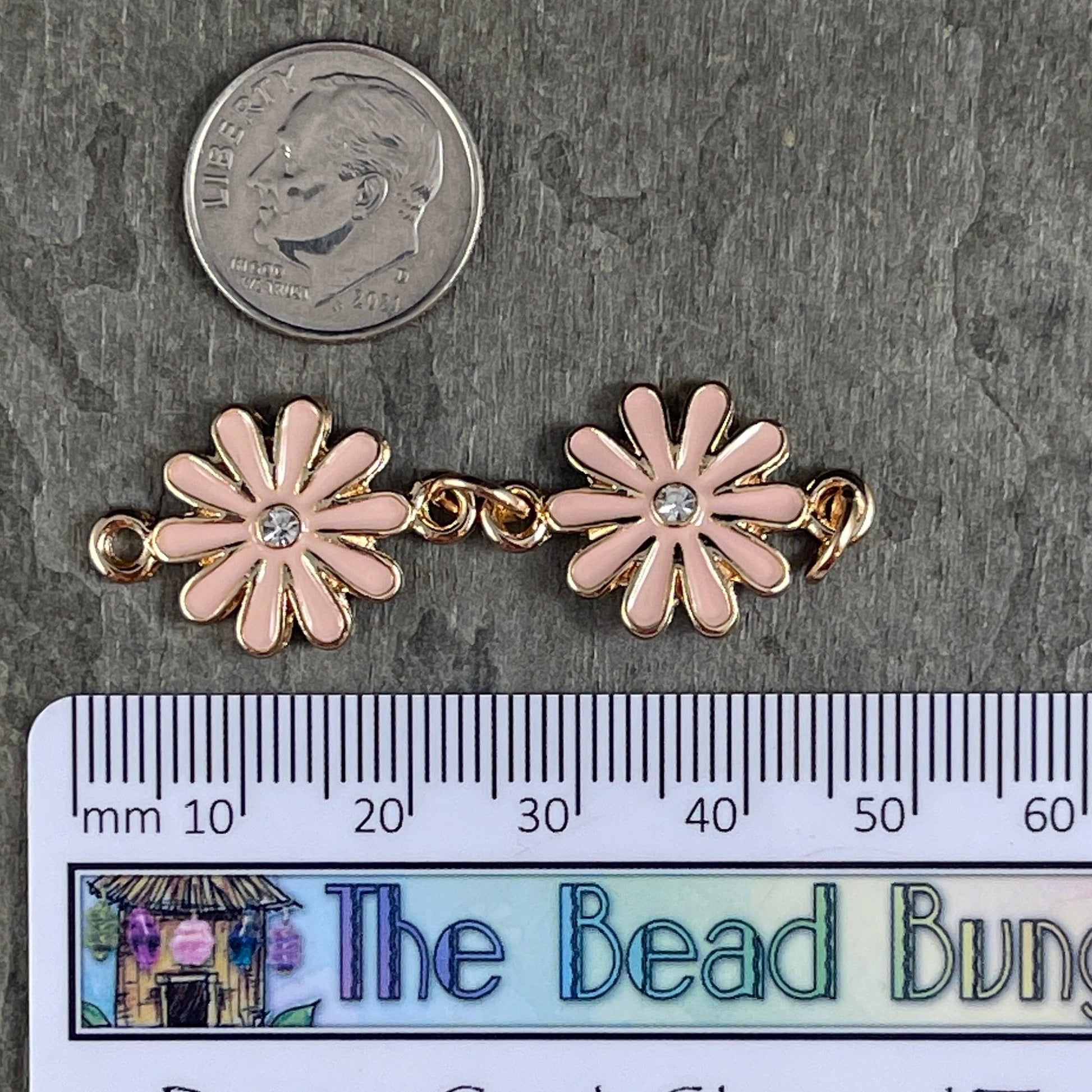 Enamel Floral Connector Pink Flower Links ~ Pale Peachy Pink and Gold 15x22mm Pink Daisy Connector (1512-9547) * Set of 2