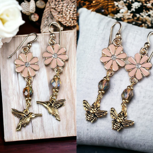 Enamel Peachy Pink Flower with Bumble Bee or Hummingbird Charm ~ Earring Kit ~ Includes all the components to make these earrings * 1 Kit