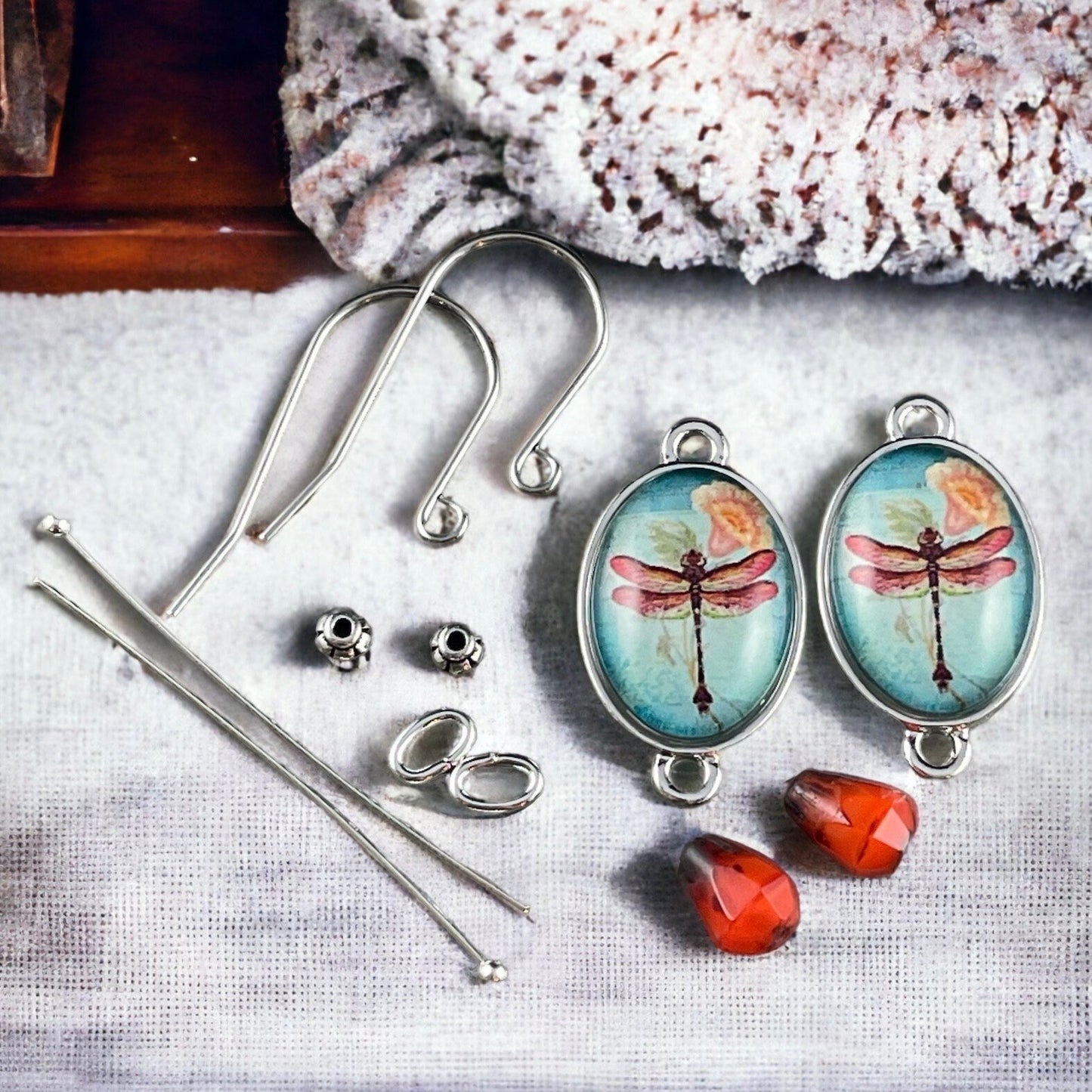 Dragonfly Cabochon Earring Kit Turquoise and Orange Beads with Dragonfly Link DIY Earrings * 1 Kit Complete with Ear Wires and Findings