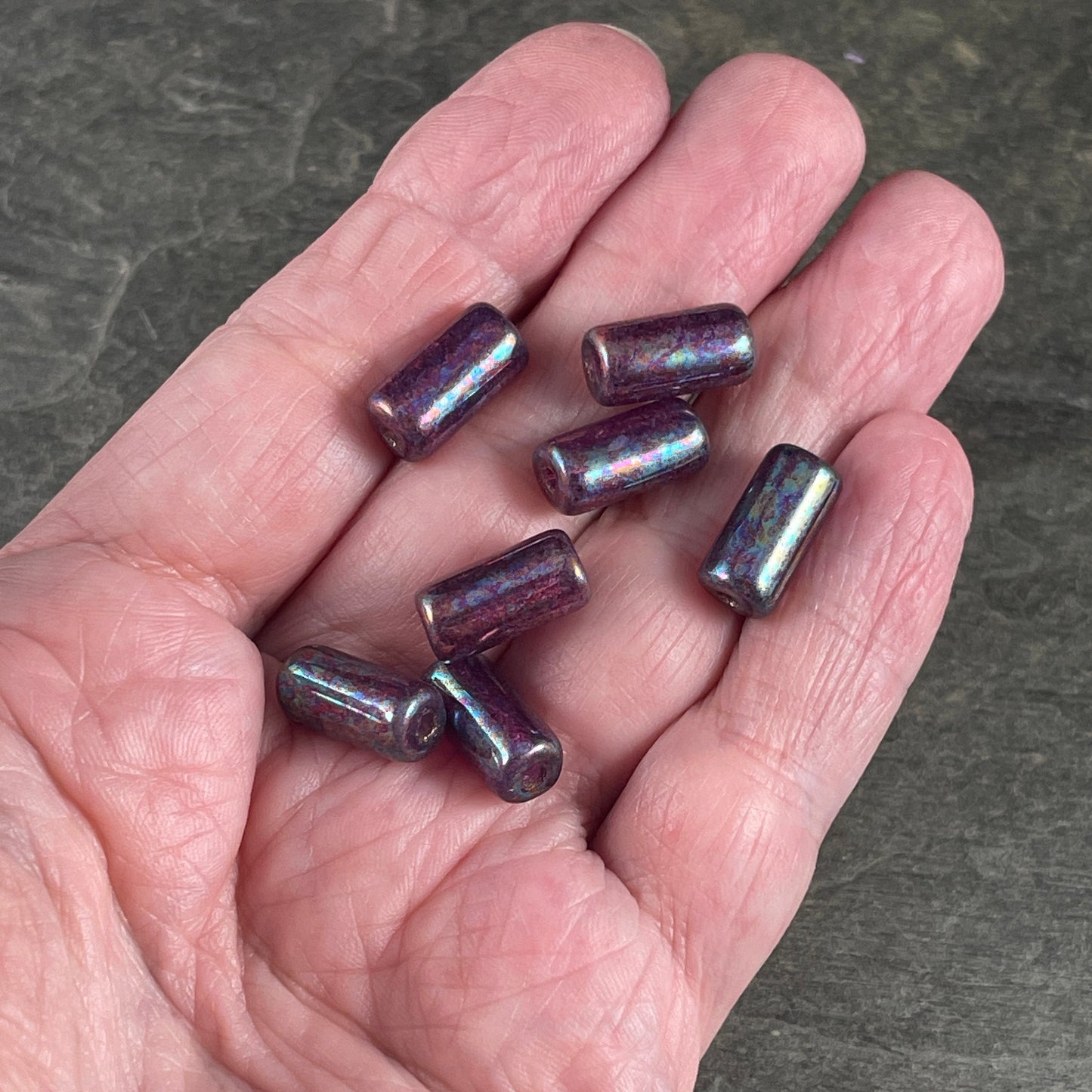 Czech Glass Beads ~ 14x7mm Large Hole Glass Tube Bead ~ Purple Glass with Mother of Pearl Finish ~ 2mm Hole (TUBE/N-0953) * Qty. 10
