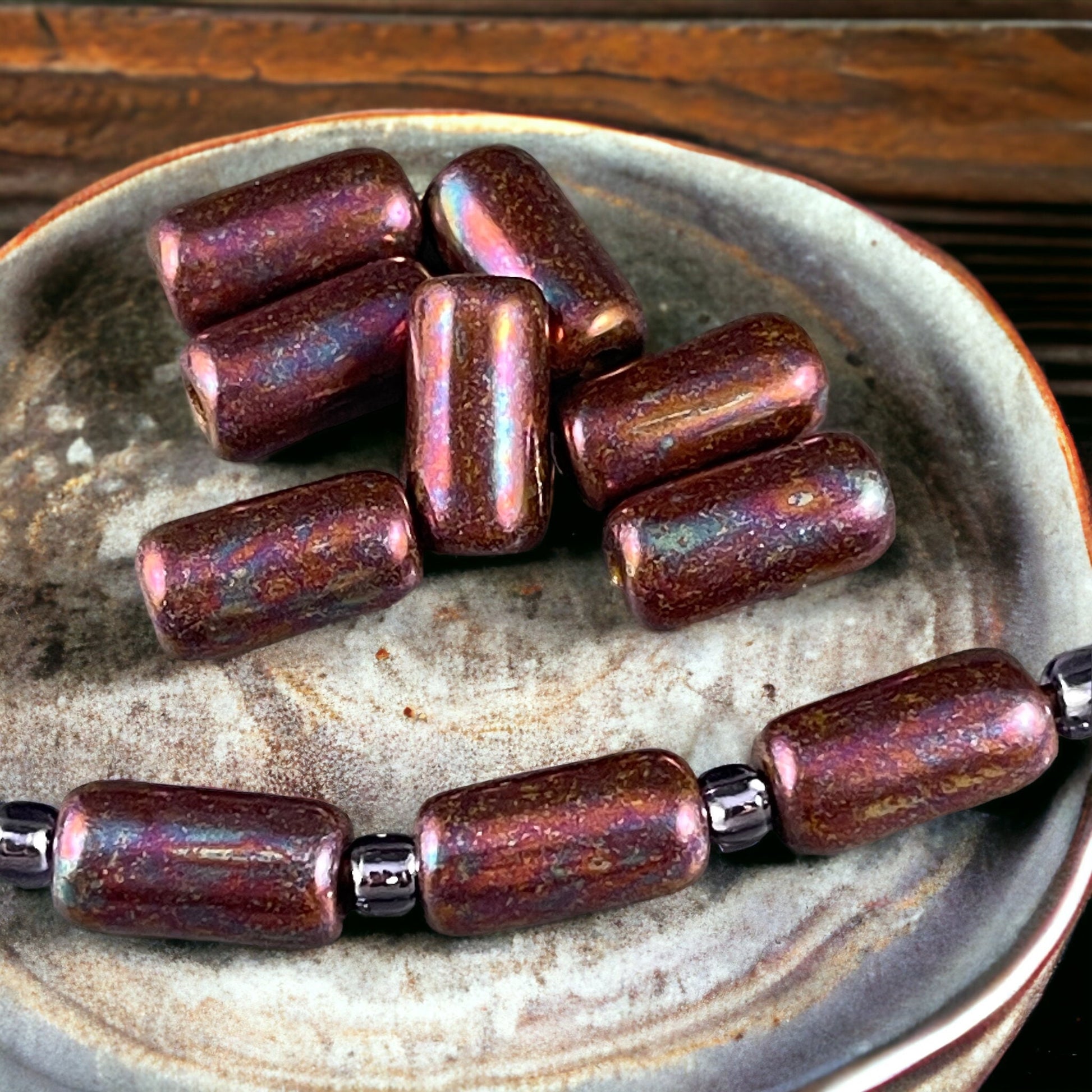 Czech Glass Beads ~ 14x7mm Large Hole Glass Tube Bead ~ Ruby Red Glass with Mother of Pearl Finish ~ 2mm Hole (TUBE/N-1739) * Qty. 10