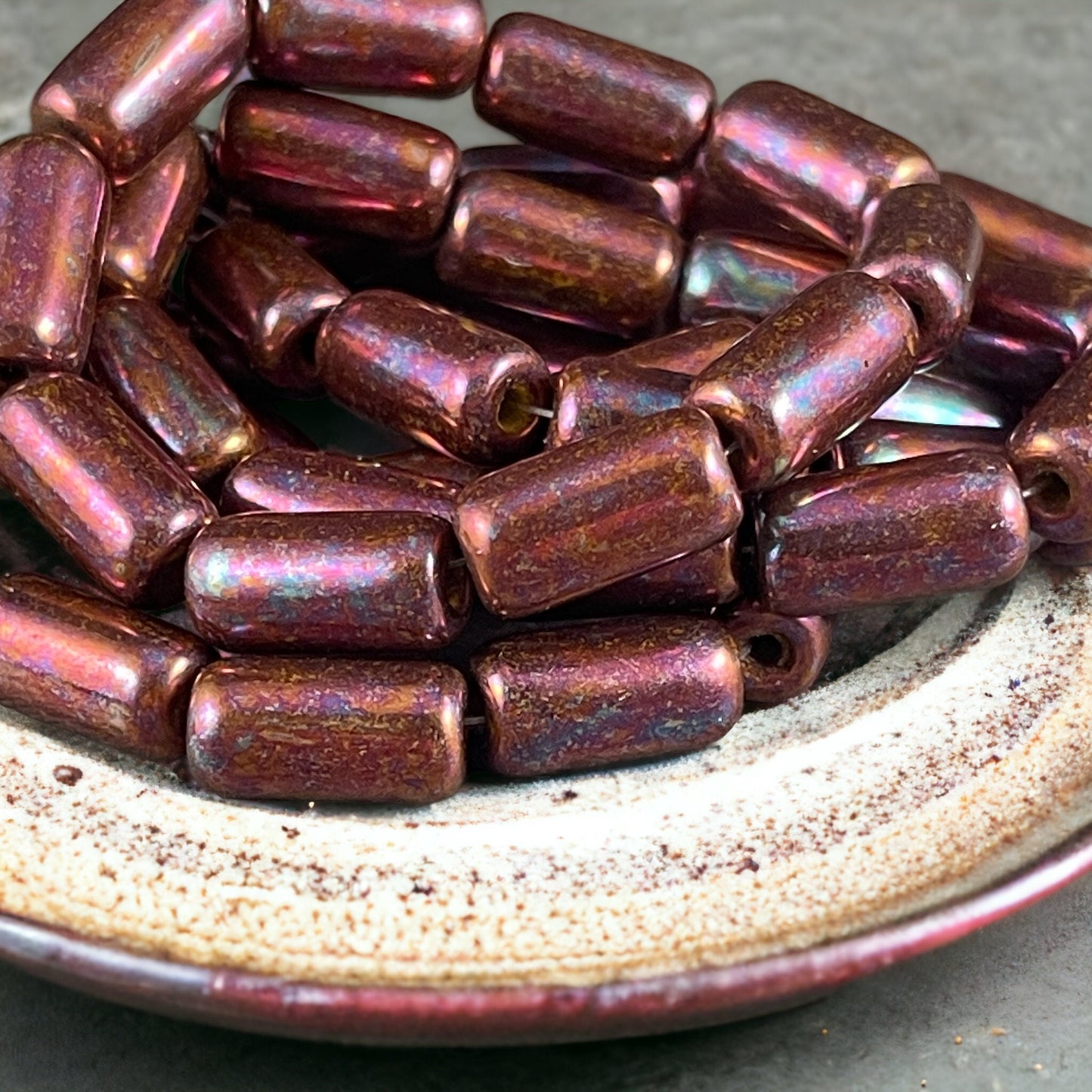 Czech Glass Beads ~ 14x7mm Large Hole Glass Tube Bead ~ Ruby Red Glass with Mother of Pearl Finish ~ 2mm Hole (TUBE/N-1739) * Qty. 10