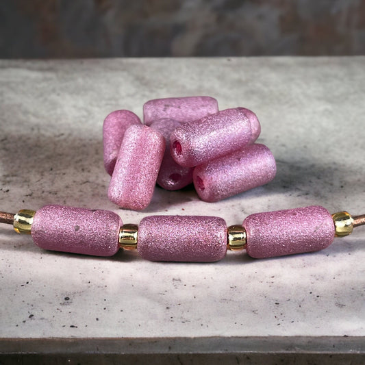 Czech Glass Beads ~ 14x7mm Large Hole Glass Tube Bead ~ Mauve Etched Finish Glass with Pink Wash ~ 2mm Hole (TUBE/N-0969) * Qty. 8