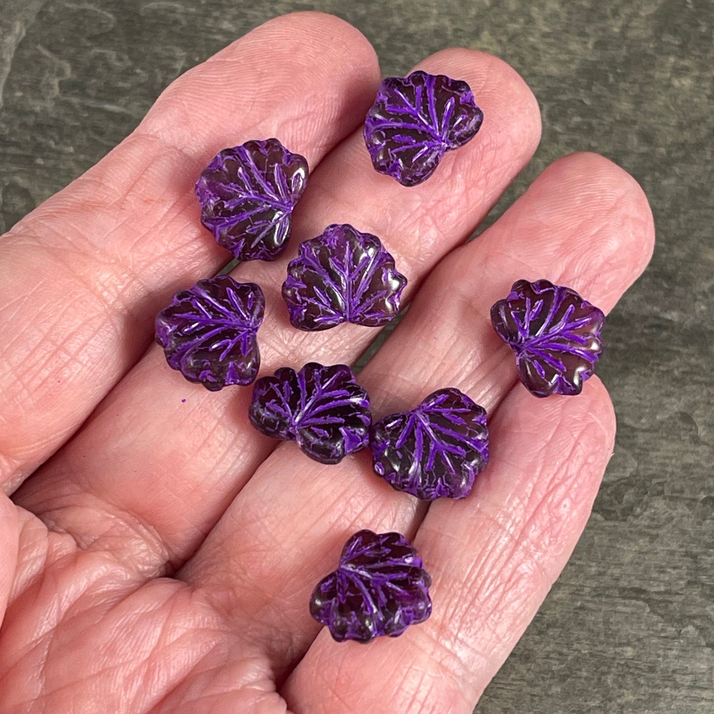 Dark Purple Maple Leaf ~ 10x13mm Czech Glass Leaf Beads ~ Purple Glass with Purple Wash (ML/N-1828) * Qty. 10