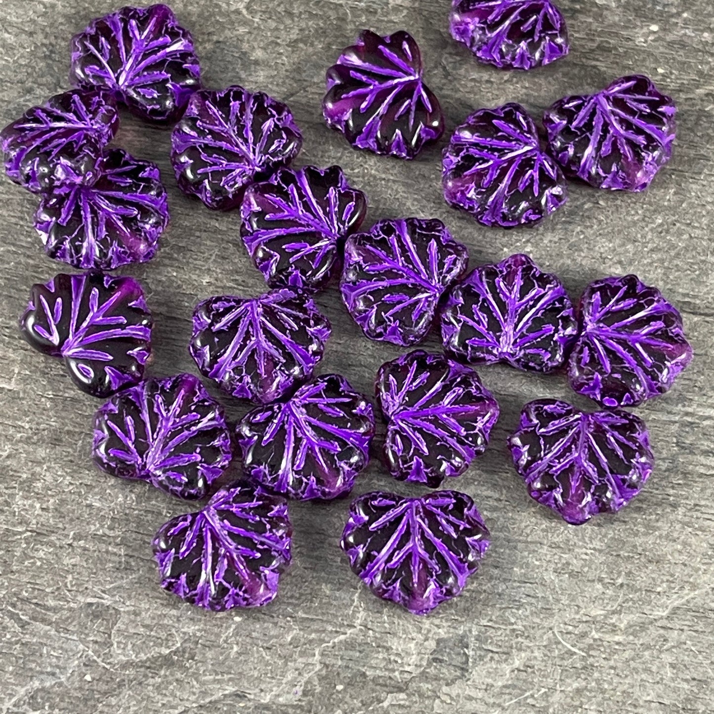 Dark Purple Maple Leaf ~ 10x13mm Czech Glass Leaf Beads ~ Purple Glass with Purple Wash (ML/N-1828) * Qty. 10