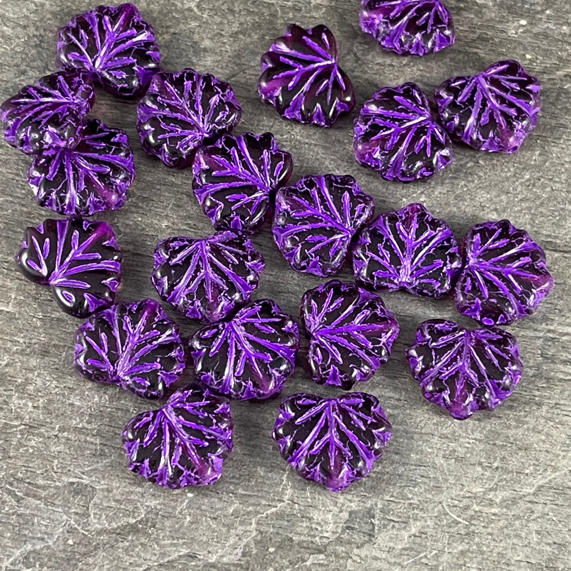 Dark Purple Maple Leaf ~ 10x13mm Czech Glass Leaf Beads ~ Purple Glass with Purple Wash (ML/N-1828) * Qty. 10