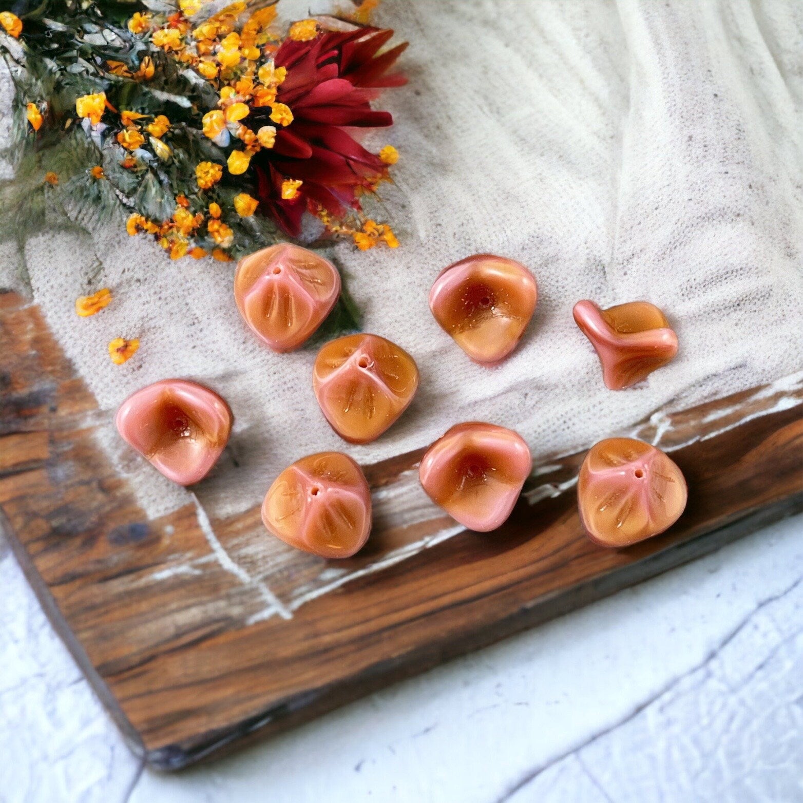 Peach Silk Flower ~ Amber Pink 3-Petal Flower Beads ~ Czech Glass Beads ~ 12x9mm Peachy Pink Bell Flower Bead (FLLB/RJ-1043) * Qty. 8