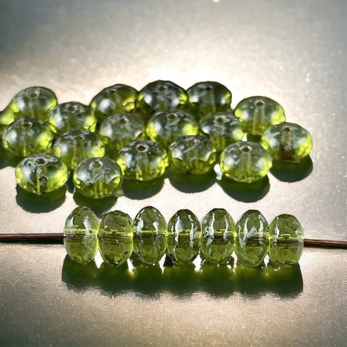 Transparent Olive Green Picasso Beads ~ 7x5mm Czech Glass Rondelle ~ Olive Green Glass Beads with Light Picasso (R7/RJ-0759) * Qty 25