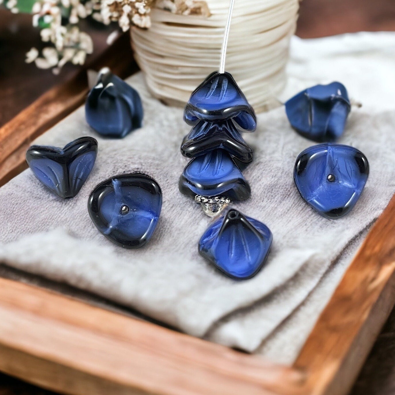 Two-Tone Blue 3-Petal Flower Beads ~ Beautiful Dark Blue Glass Flower ~ 12x9mm Bell Flower Bead (FLLB/RJ-1033) * Qty. 8