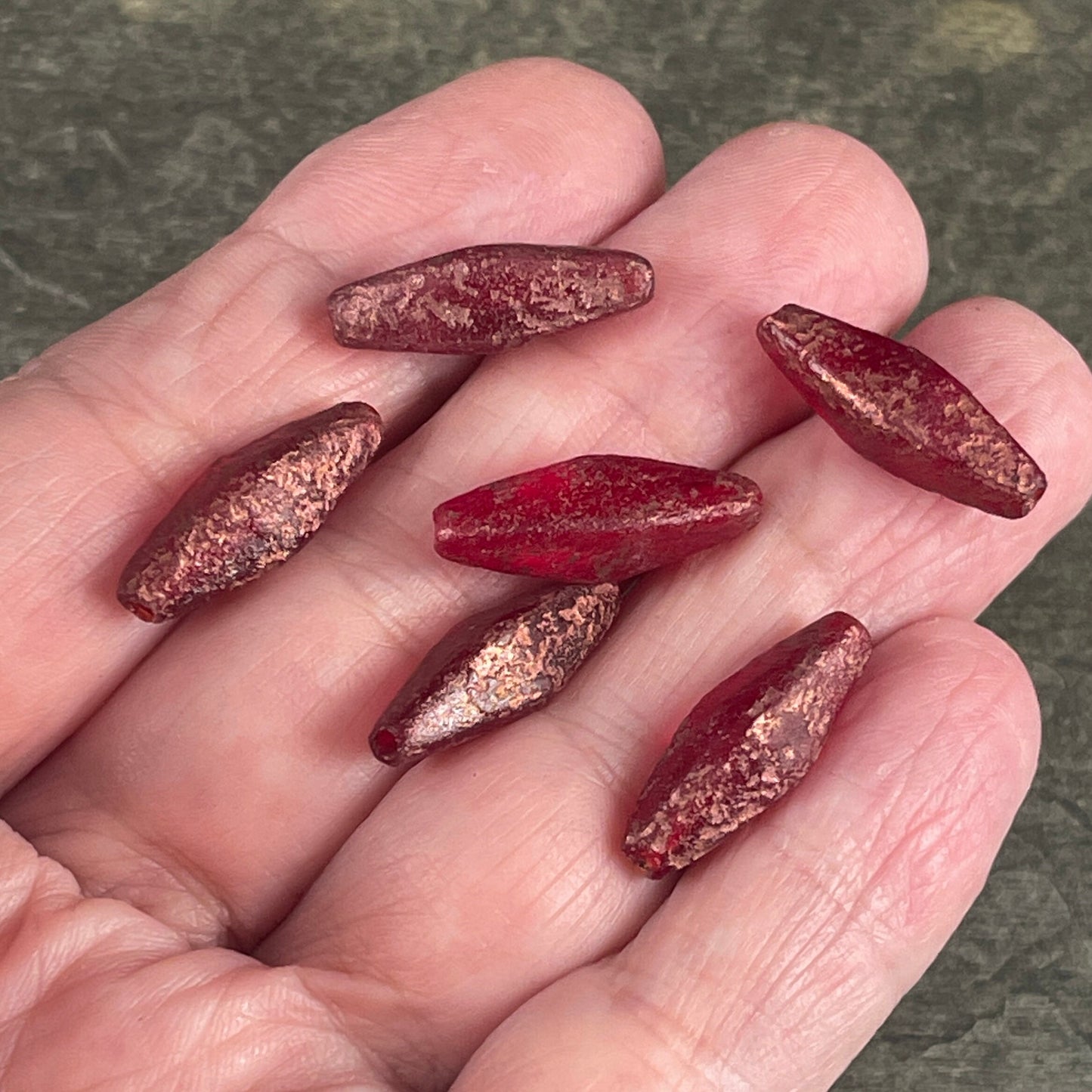 20x9mm Red Rhombus Beads ~ Elongated Czech Glass Spindle Beads ~ Etched Red Glass with Copper Finish (RHO/1879) * Qty. 6 Beads