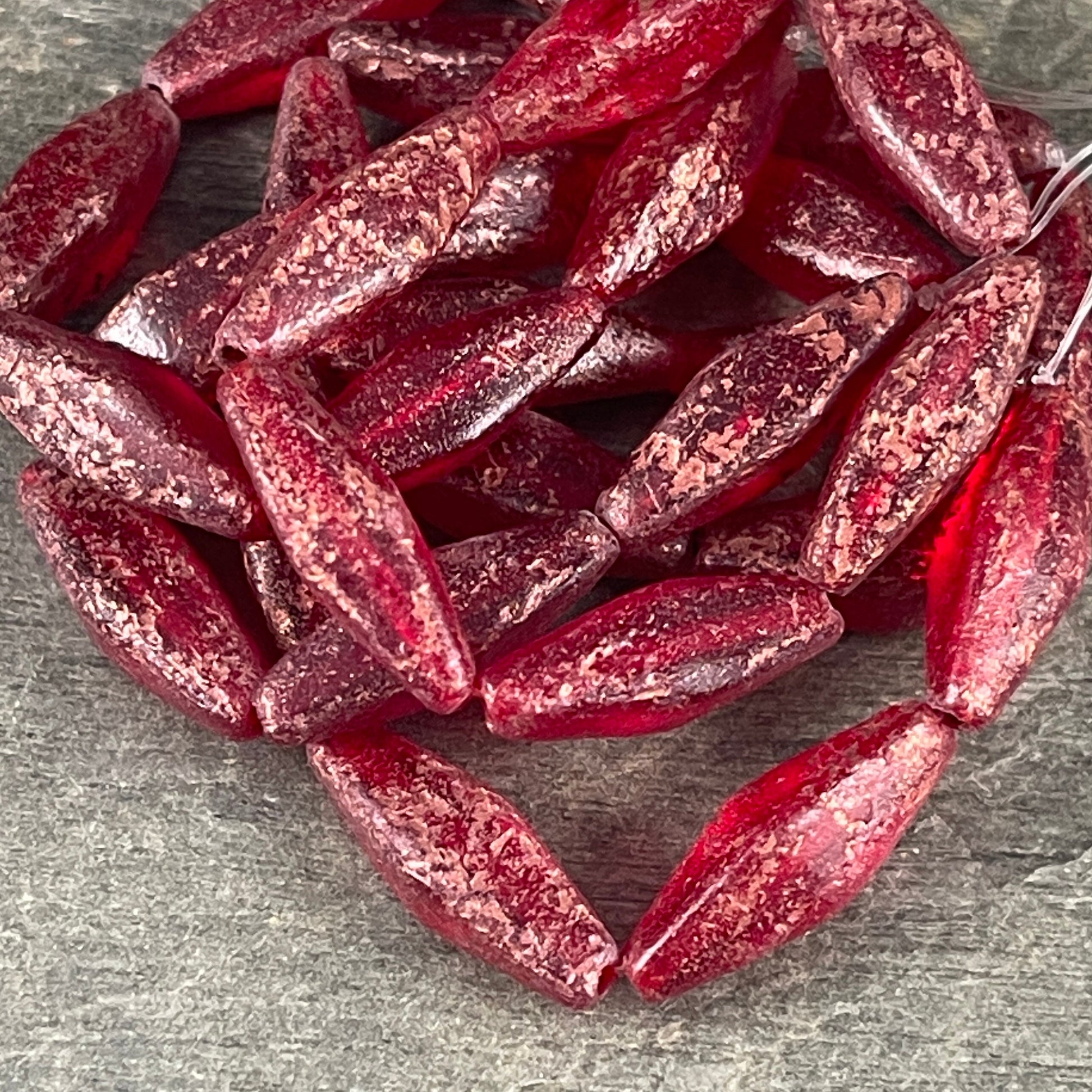 20x9mm Red Rhombus Beads ~ Elongated Czech Glass Spindle Beads ~ Etched Red Glass with Copper Finish (RHO/1879) * Qty. 6 Beads