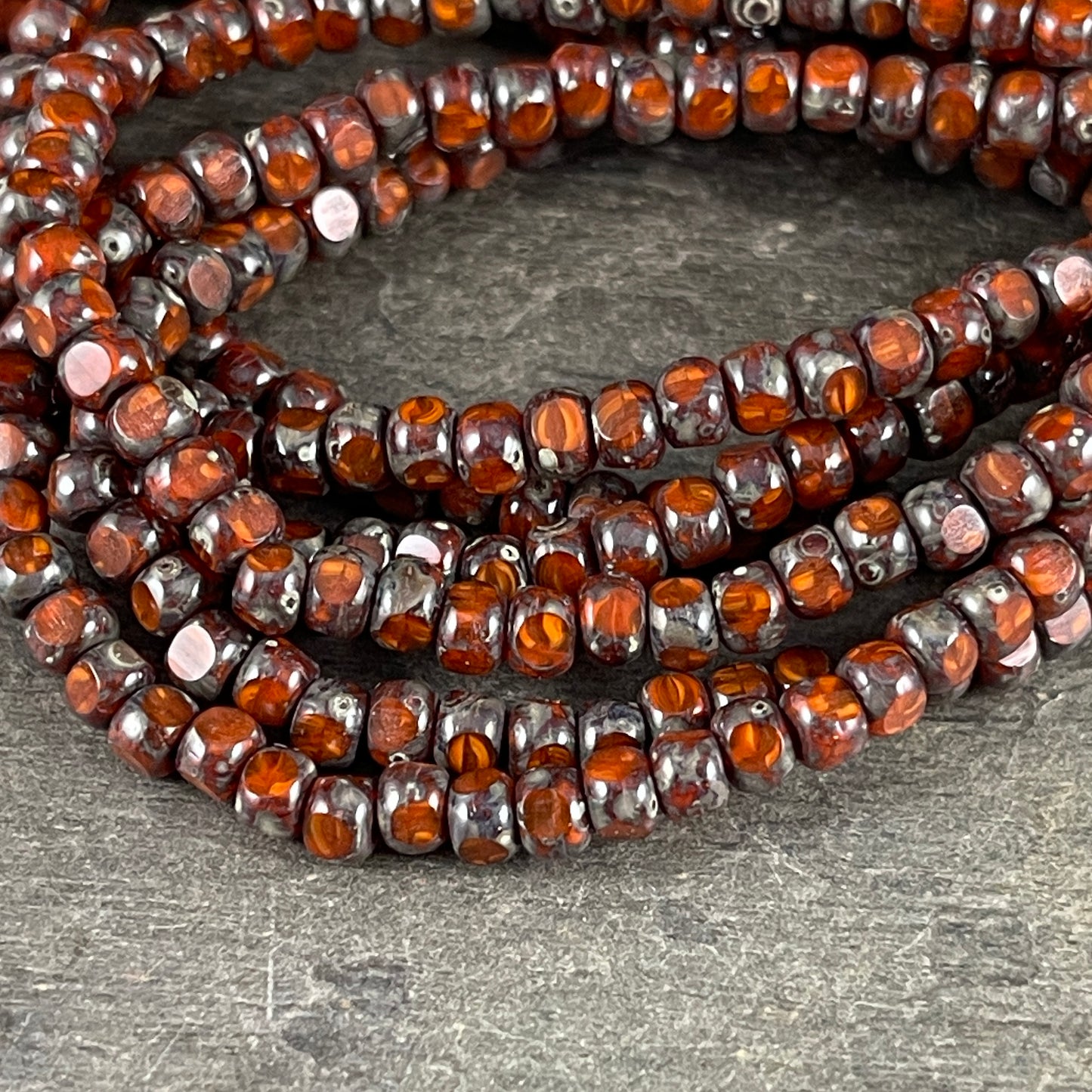 Pumpkin Orange Picasso Trica Beads ~ 4x3mm Faceted Czech Glass Seed Beads ~ Dark Orange Picasso Beads (TRICA/N-1197) * Qty. 50