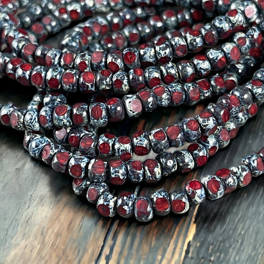 Ruby and Garnet Red Faceted Seed Beads ~ 4x3mm Faceted Czech Glass Beads ~ Two-Tone Red Picasso Beads (TRICA/N-1867) * Qty. 50