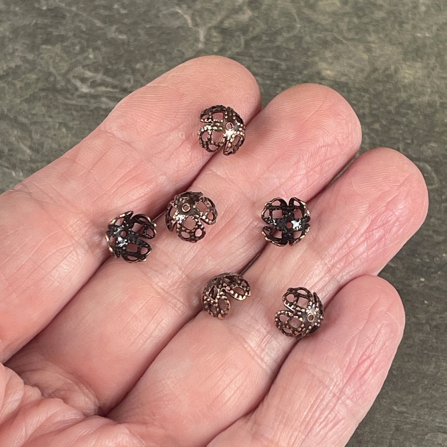 8mm Antiqued Copper Victorian Style Filigree Bead Caps ~ Bendable Copper Bead Caps ~ Antiqued Copper Plated Brass (VJS/C105C) * Qty. 6