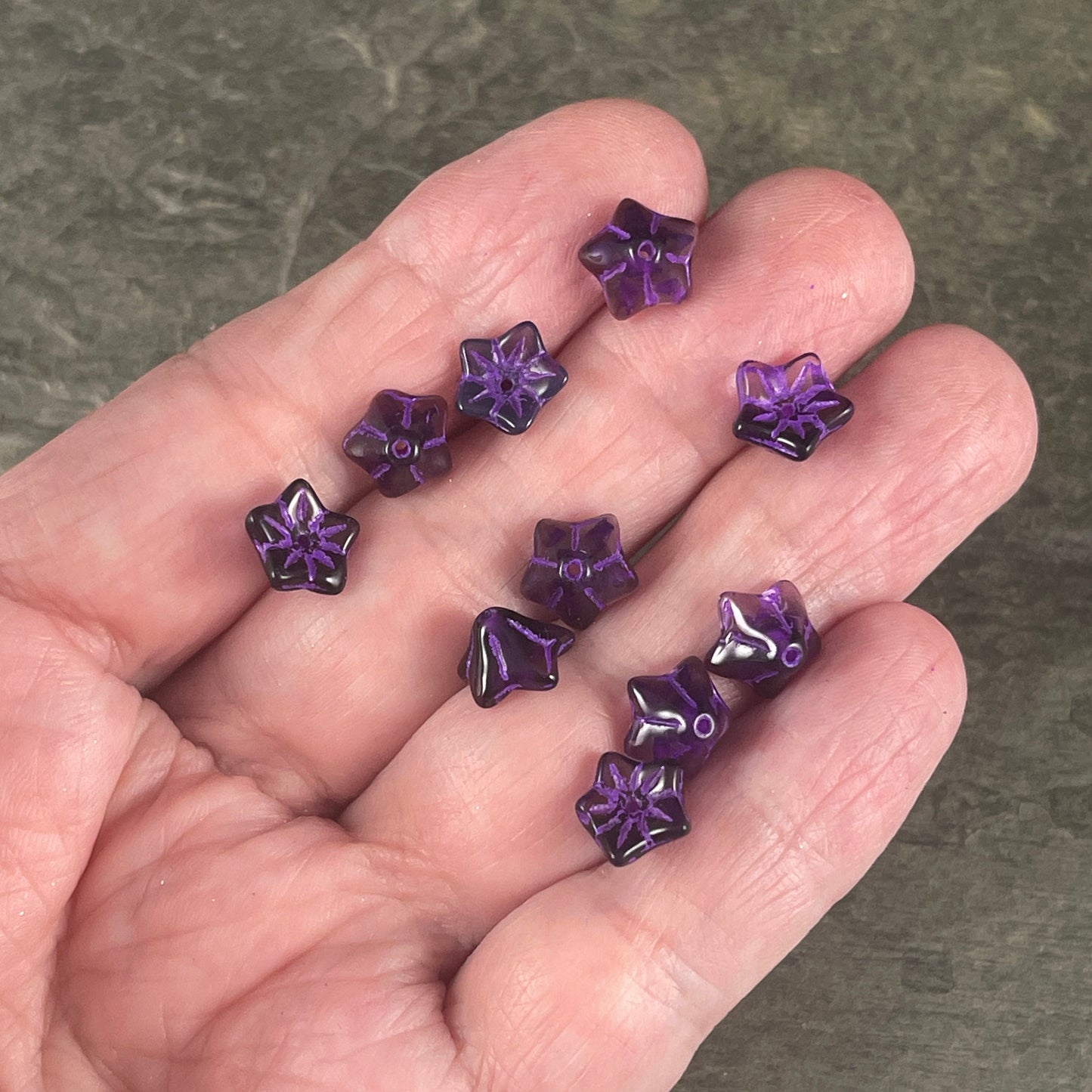 Dark Purple Flower ~ 6x9mm Bell Flower, Czech Glass Beads, Dark Purple with Lavender Wash (BF/N-0841) * Qty. 12