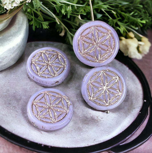 Light Purple Czech Glass Bead ~ 18mm Flower of Life Symbolic Bead ~ Thistle with Platinum Wash (N-0034) * Qty. 2