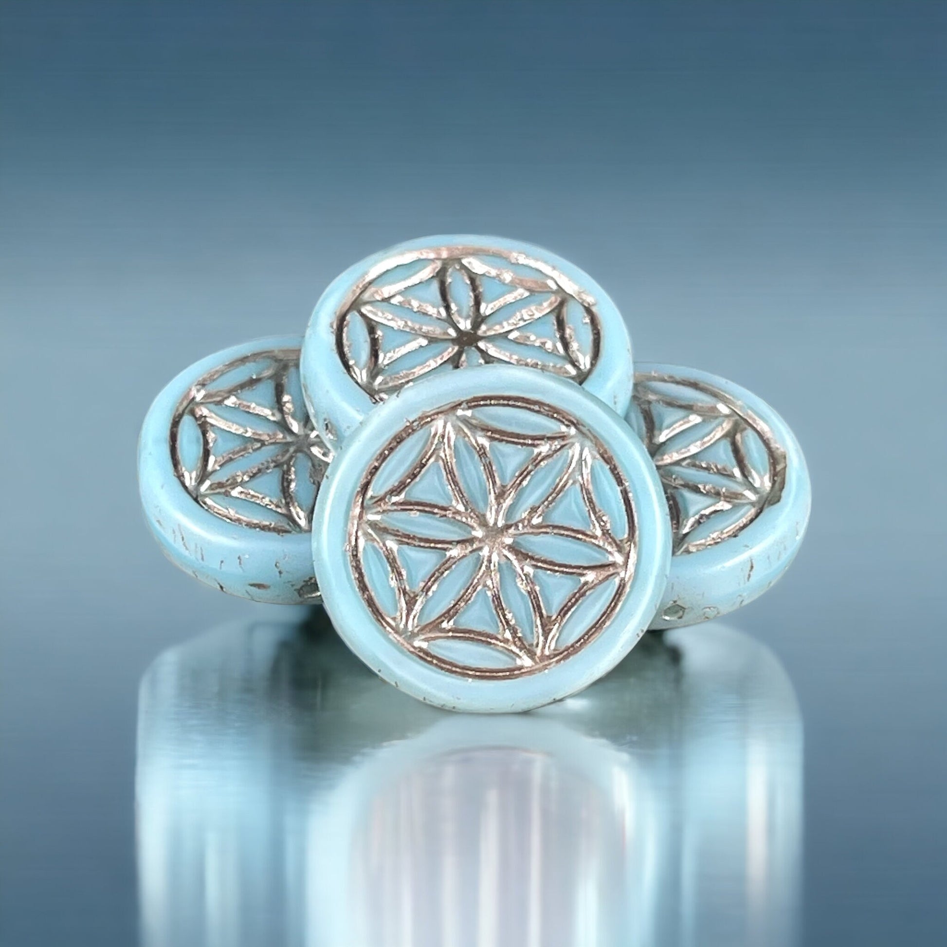 Light Blue Silk Czech Glass Bead ~ 18mm Flower of Life Symbolic Bead ~ Sky Blue with Platinum Wash (N-0038) * Qty. 2