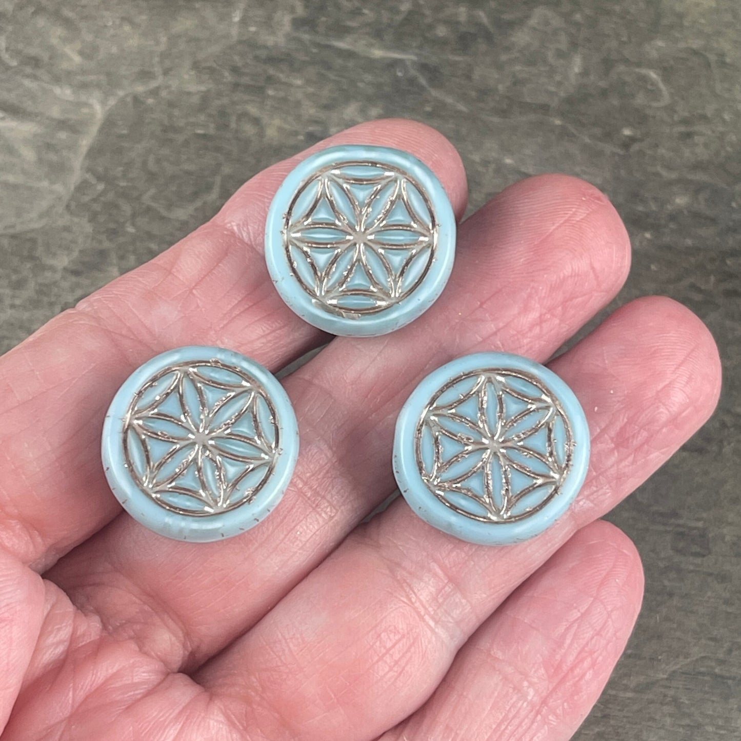 Light Blue Silk Czech Glass Bead ~ 18mm Flower of Life Symbolic Bead ~ Sky Blue with Platinum Wash (N-0038) * Qty. 2