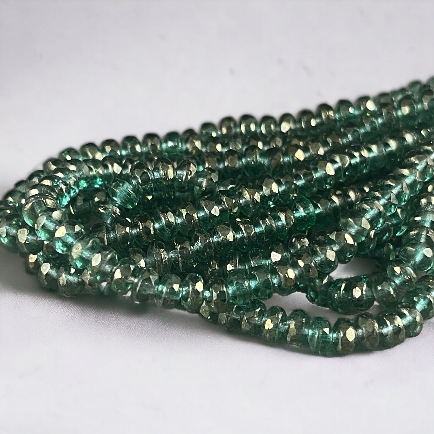 Faceted Emerald Green Czech Glass Rondelles ~ Green with Golden Luster ~ 4x2.5mm Transparent Green Spacer Beads (RON3/N-1716) * Qty. 50