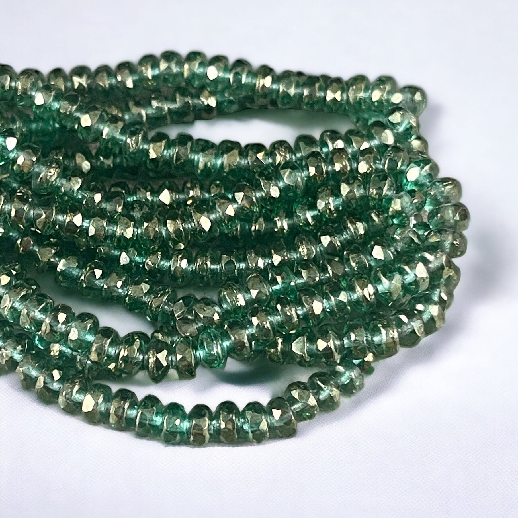 Faceted Emerald Green Czech Glass Rondelles ~ Green with Golden Luster ~ 4x2.5mm Transparent Green Spacer Beads (RON3/N-1716) * Qty. 50