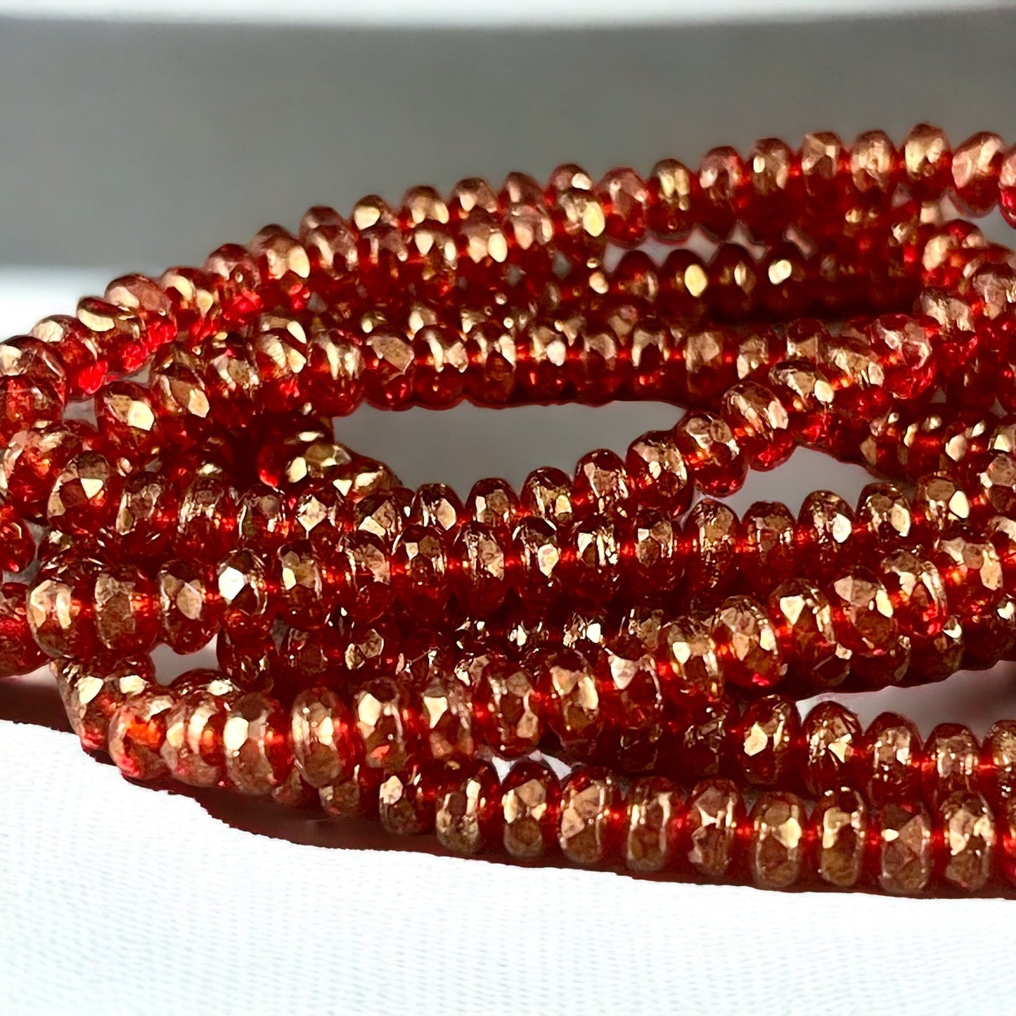 Faceted Ruby Red Czech Glass Rondelles ~ Transparent Red with Golden Luster ~ 4x2.5mm Red Spacer Beads (RON3/N-0681) * Qty. 50