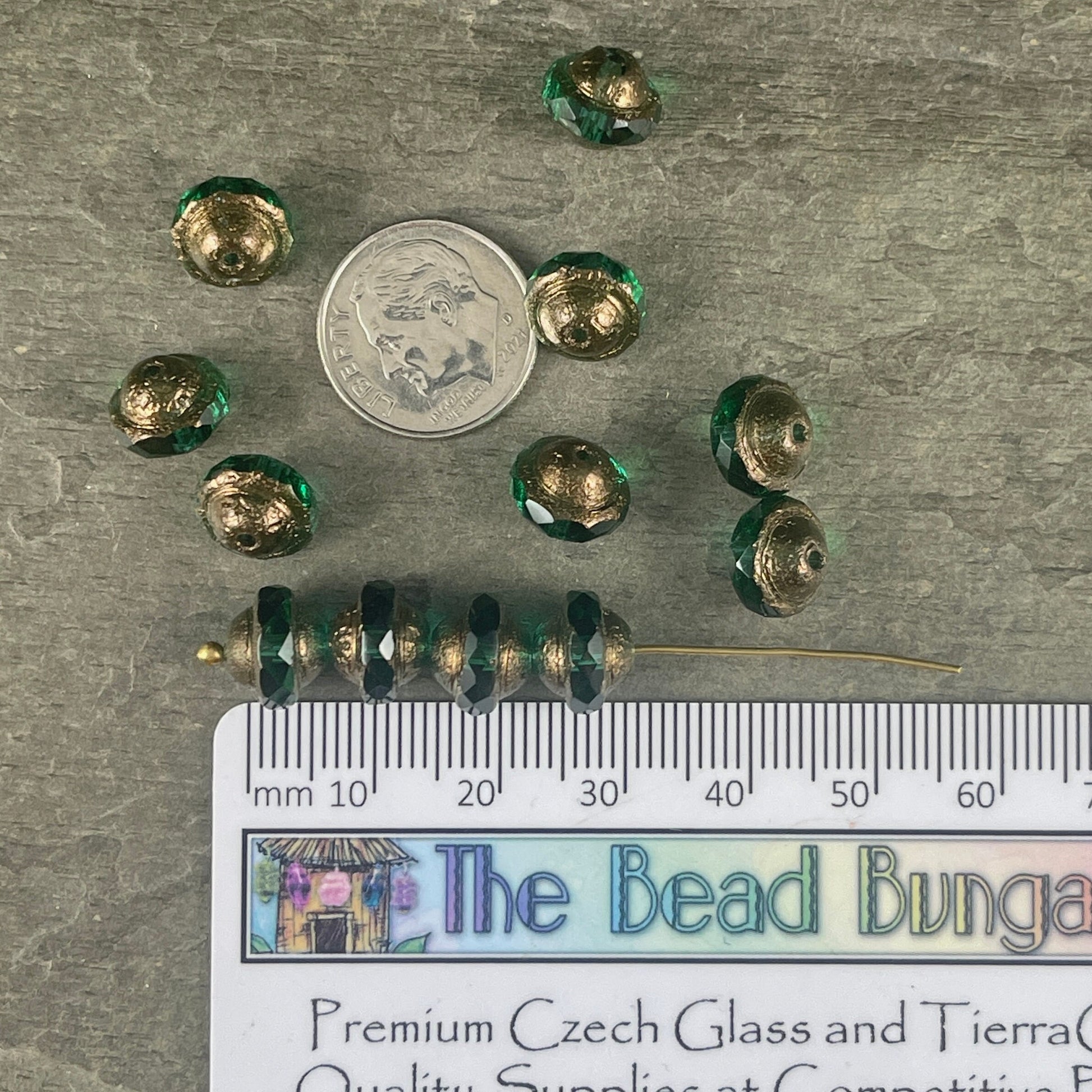 Emerald Green Bicone with Bronze Metallic Picasso Finish ~ Transparent Green Czech Glass Beads ~ 10x8mm Bicone Bead (SAT/N-1811) * Qty. 8