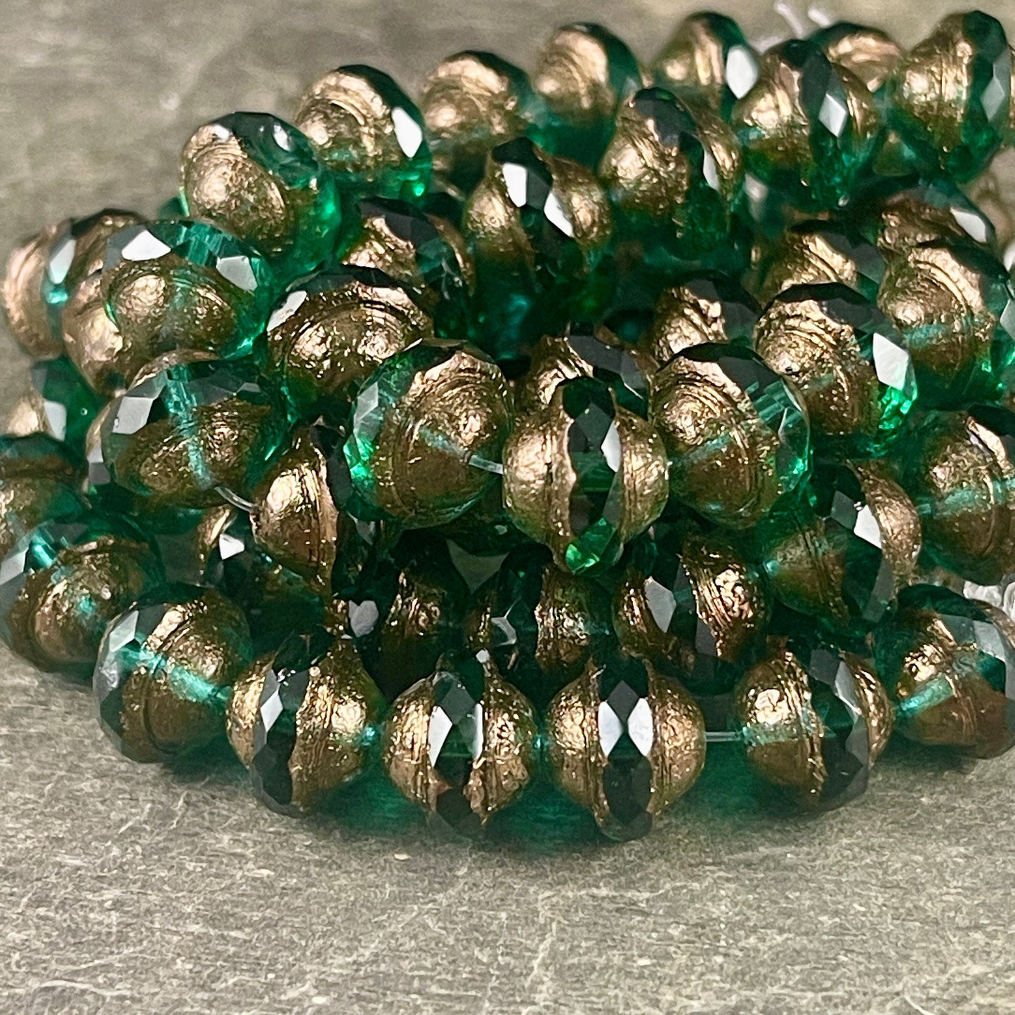 Emerald Green Bicone with Bronze Metallic Picasso Finish ~ Transparent Green Czech Glass Beads ~ 10x8mm Bicone Bead (SAT/N-1811) * Qty. 8