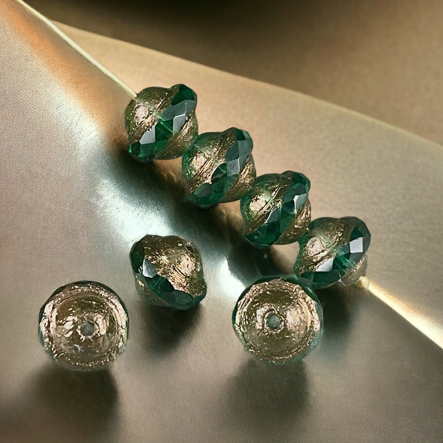 Emerald Green Bicone with Bronze Metallic Picasso Finish ~ Transparent Green Czech Glass Beads ~ 10x8mm Bicone Bead (SAT/N-1811) * Qty. 8