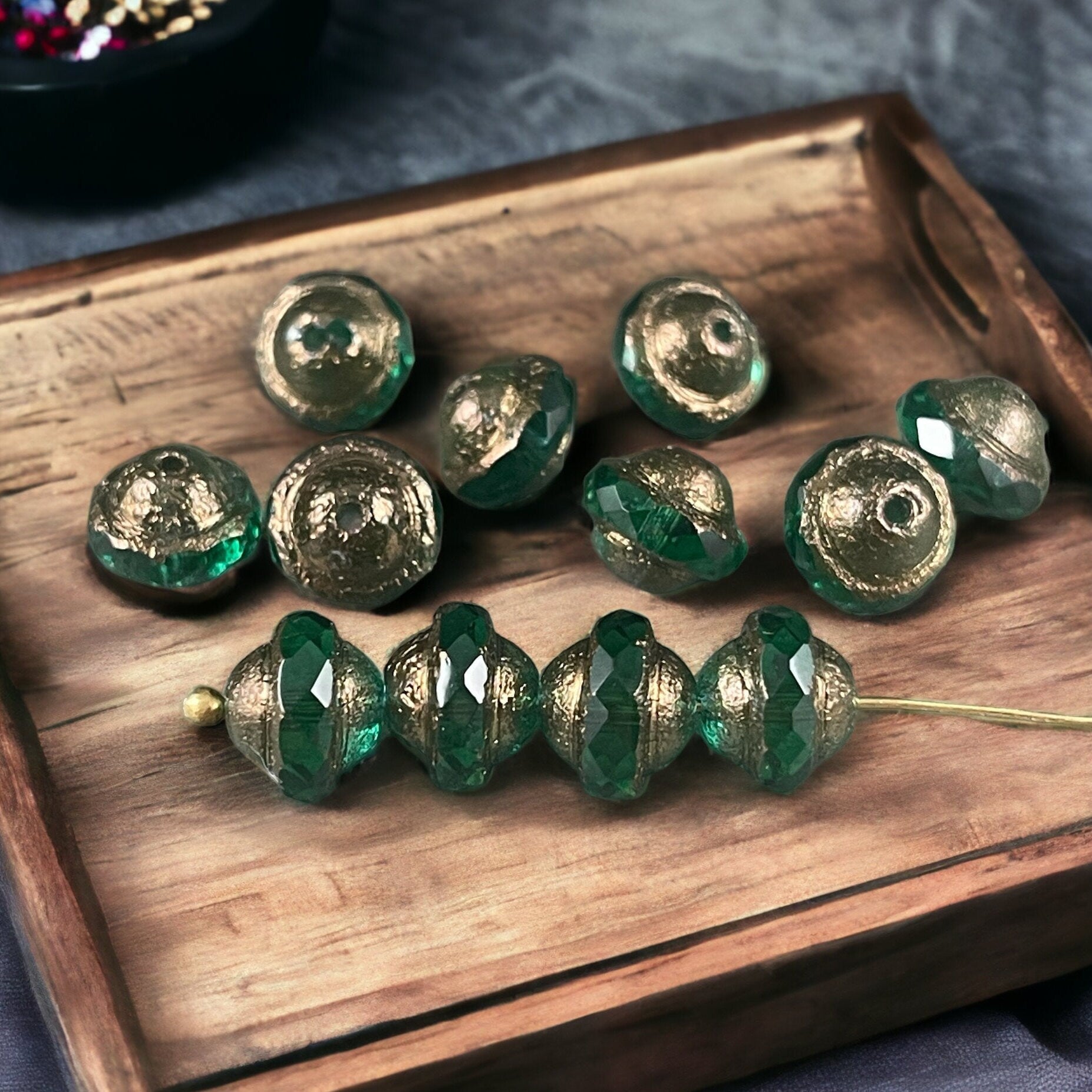 Emerald Green Bicone with Bronze Metallic Picasso Finish ~ Transparent Green Czech Glass Beads ~ 10x8mm Bicone Bead (SAT/N-1811) * Qty. 8