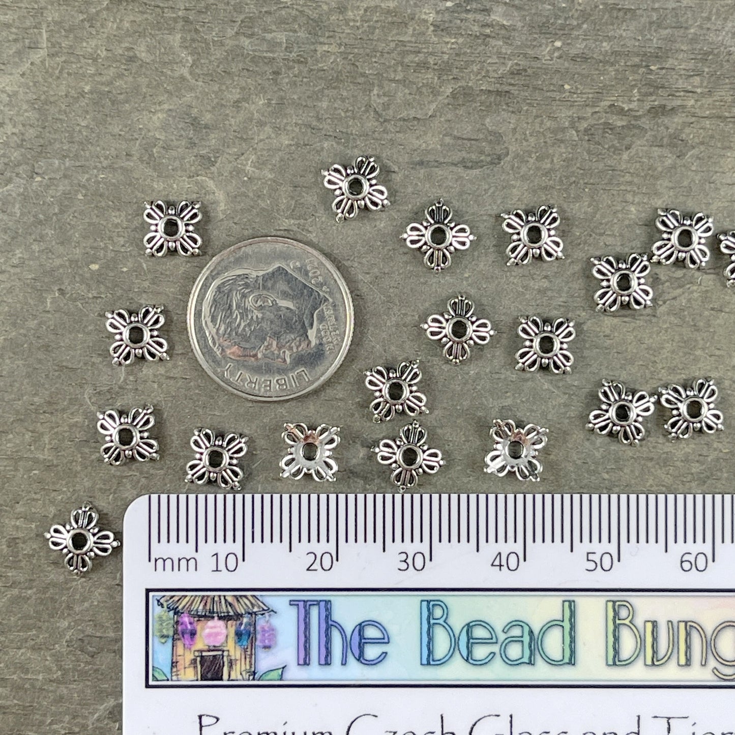 Antiqued Silver Bead Caps ~ Delicate 4-Petal Flower Bead Caps, Shallow 8mm Bead Caps (O004-35AS) * Qty. 100