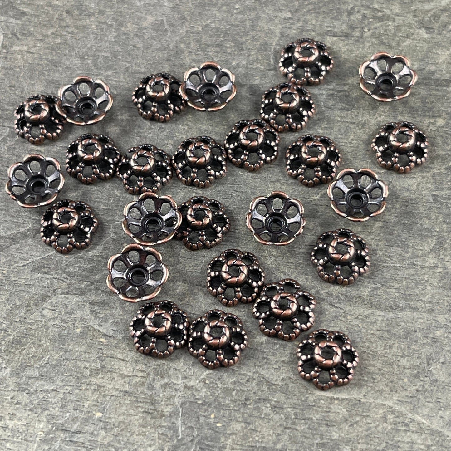 Antiqued Copper Bead Caps ~ Filigree Flower Petals, 9mm Domed Nickel Free Bead Caps (RLF0761Y-NF) * Qty. 100