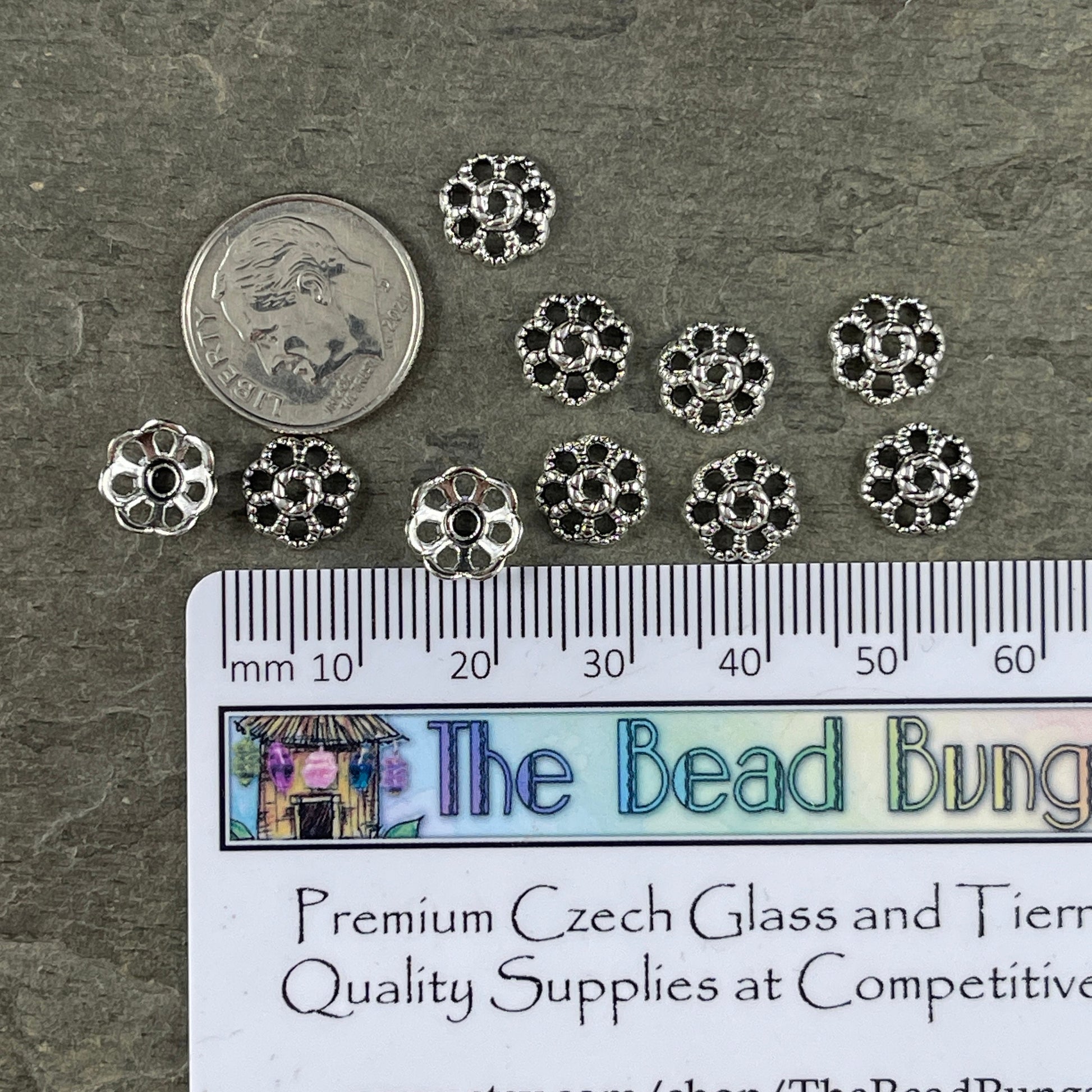 Antiqued Silver Bead Caps ~ Filigree Flower Petals, 9mm Domed Nickel Free Bead Caps (LF0761Y-NF) * Qty. 100