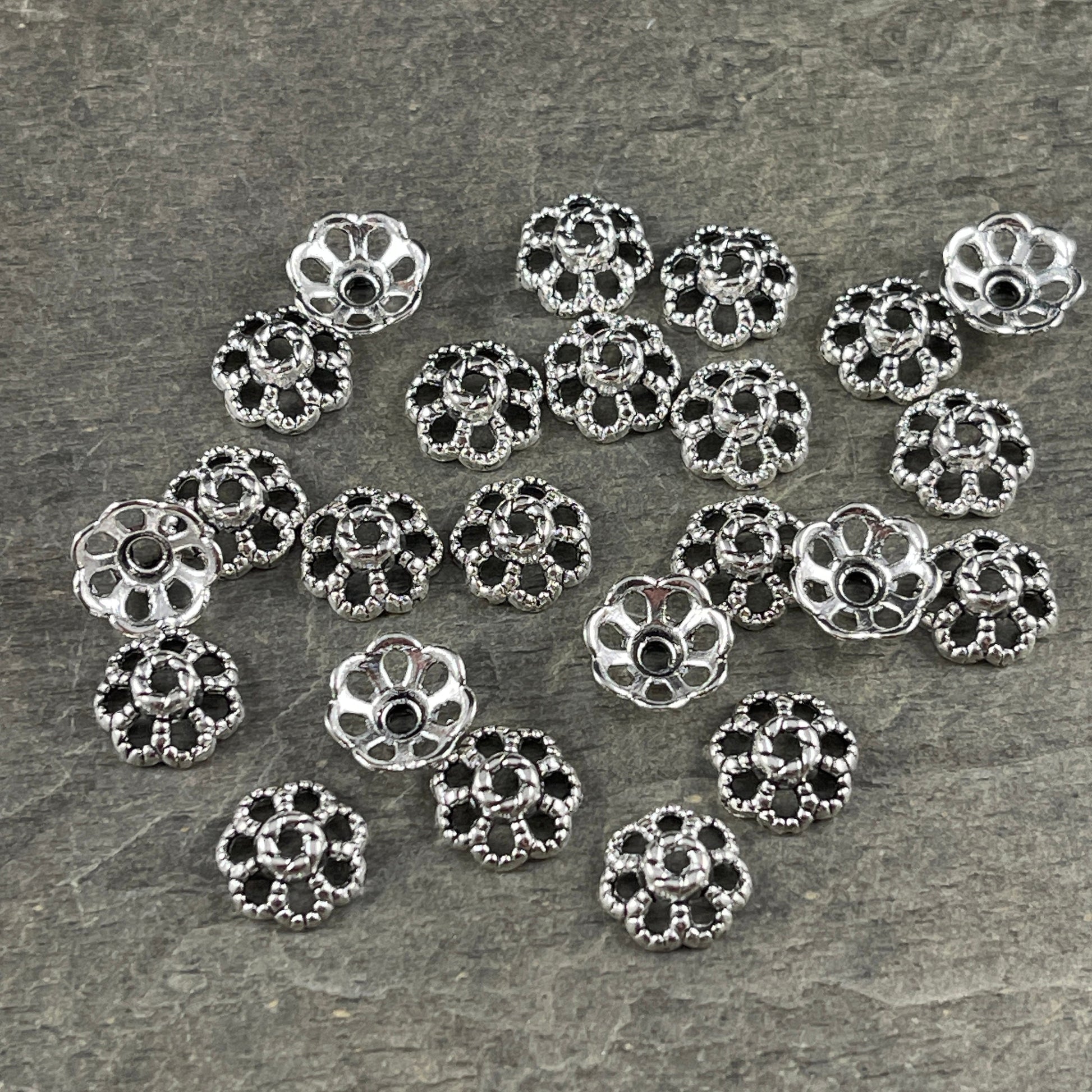 Antiqued Silver Bead Caps ~ Filigree Flower Petals, 9mm Domed Nickel Free Bead Caps (LF0761Y-NF) * Qty. 100