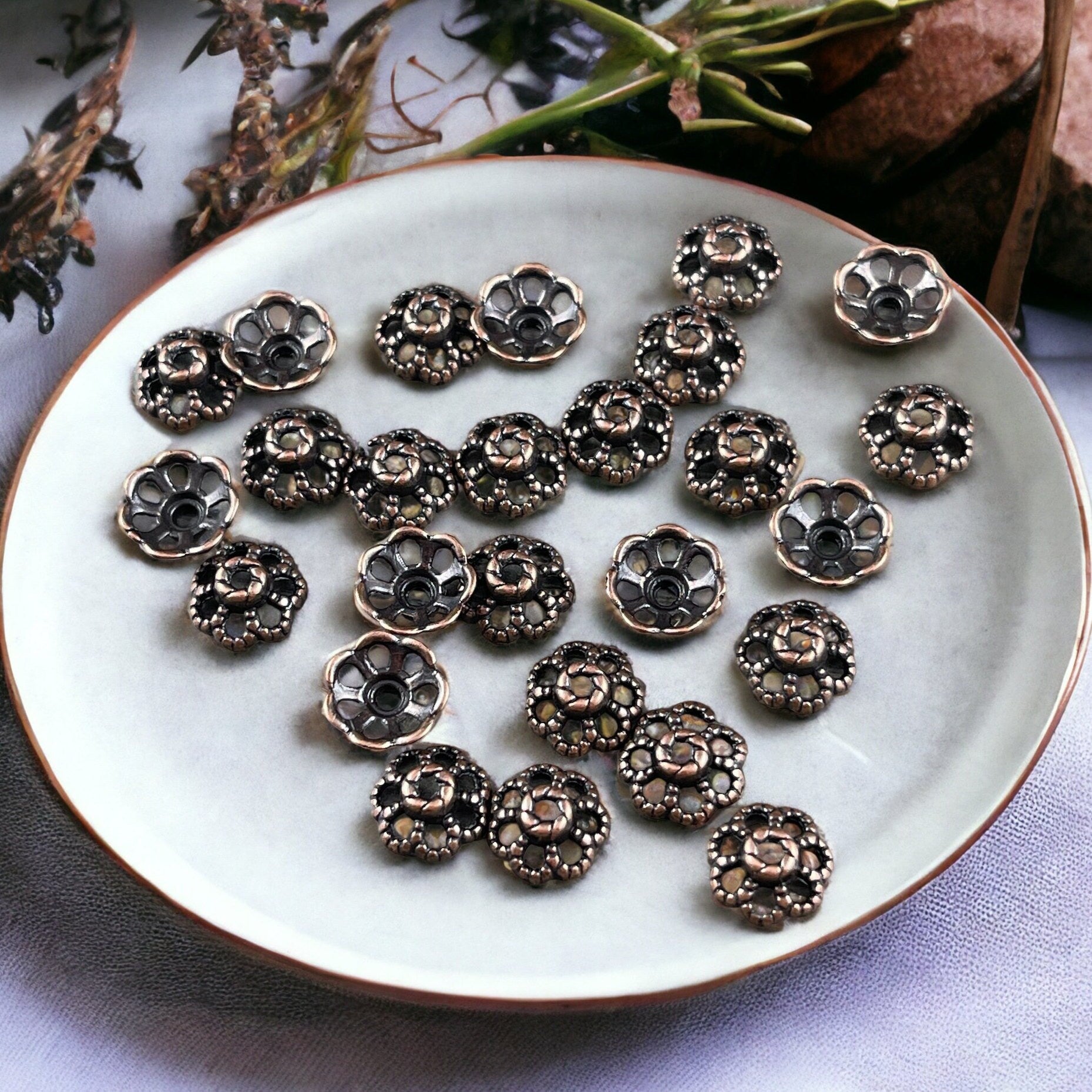 Antiqued Copper Bead Caps ~ Filigree Flower Petals, 9mm Domed Nickel Free Bead Caps (RLF0761Y-NF) * Qty. 100