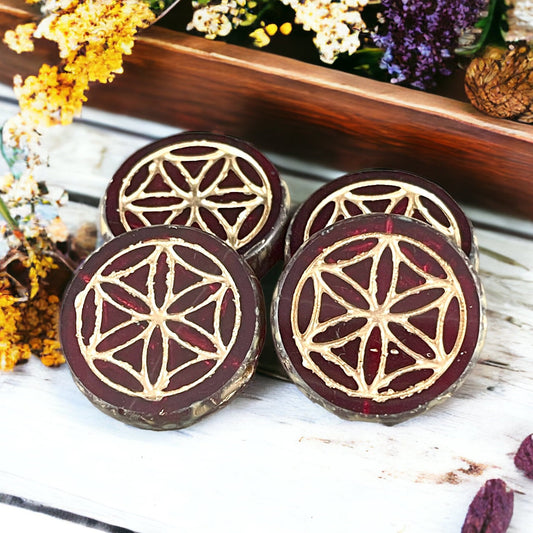 Garnet Picasso Czech Glass Beads ~ 18mm Coin Bead with Flower of Life Symbol ~ Transparent Dark Red Table Cut Beads (N-0001) * Qty. 2