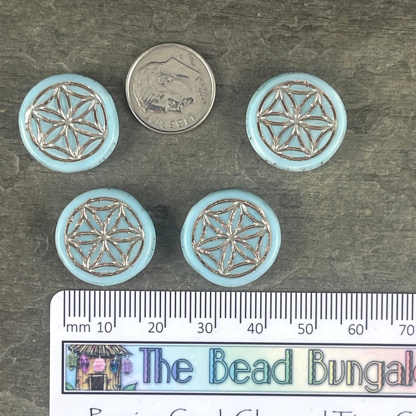 Light Blue Silk Czech Glass Bead ~ 18mm Flower of Life Symbolic Bead ~ Sky Blue with Platinum Wash (N-0038) * Qty. 2