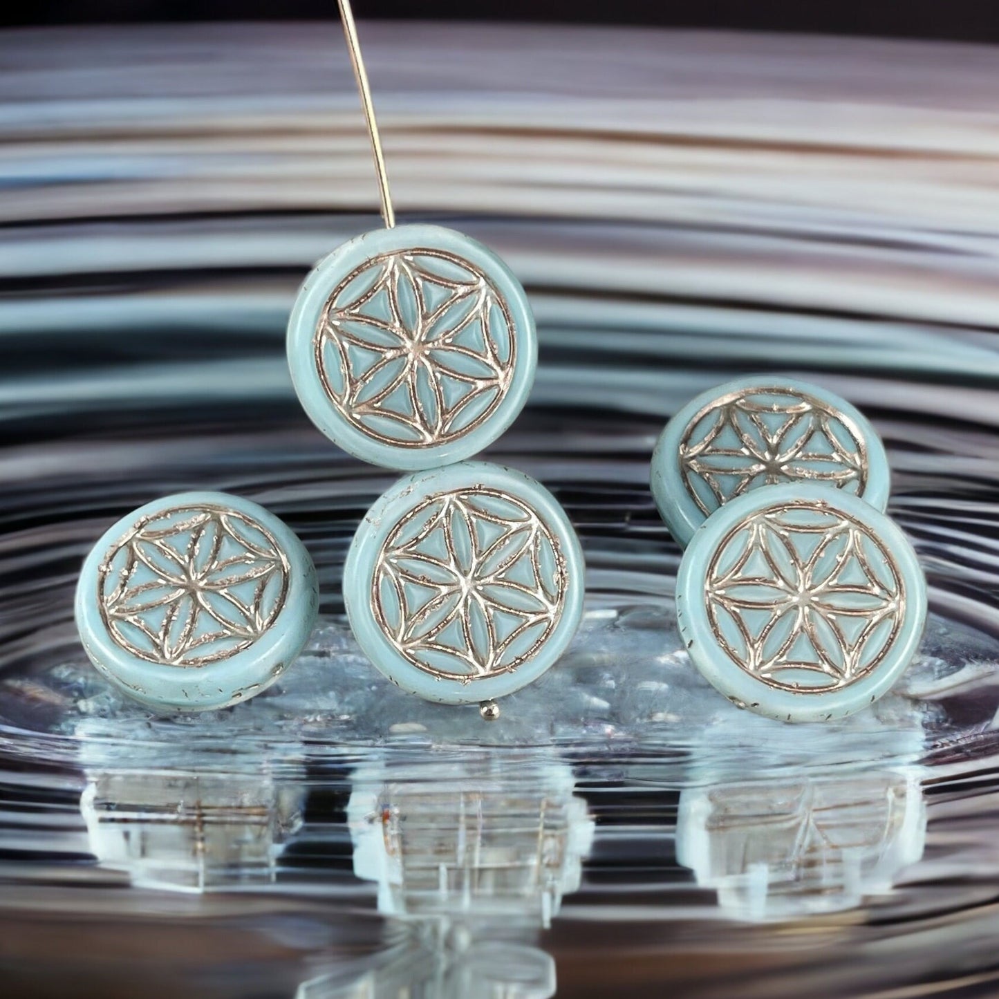 Light Blue Silk Czech Glass Bead ~ 18mm Flower of Life Symbolic Bead ~ Sky Blue with Platinum Wash (N-0038) * Qty. 2